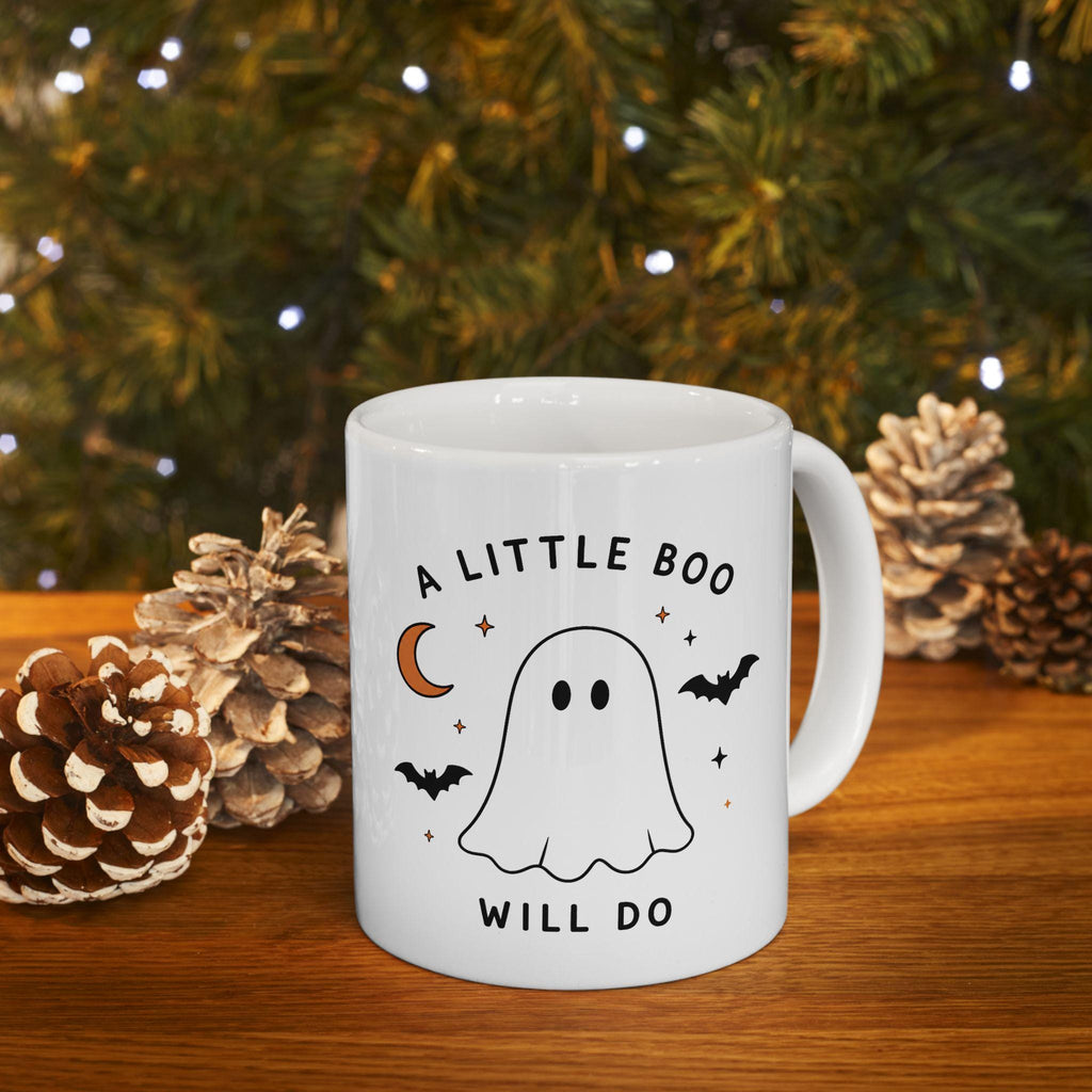 Ghost Halloween Ceramic Mug | Minimalist Spooky Bat Moon Design