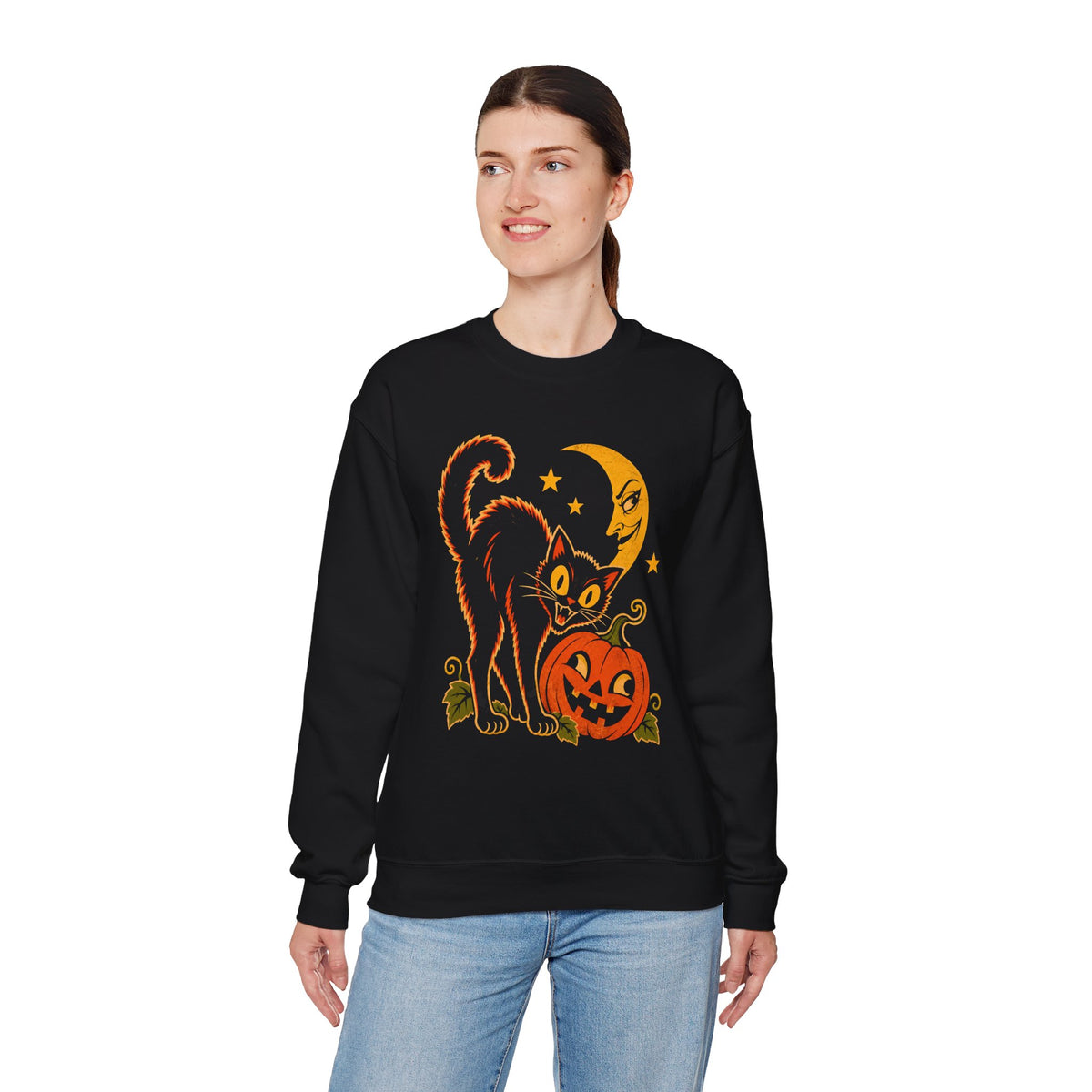 Vintage Halloween Black Cat Sweatshirt, Retro Pumpkin Moon Crewneck, Weird Spooky Cat Gildan 18000 Halloween Sweater
