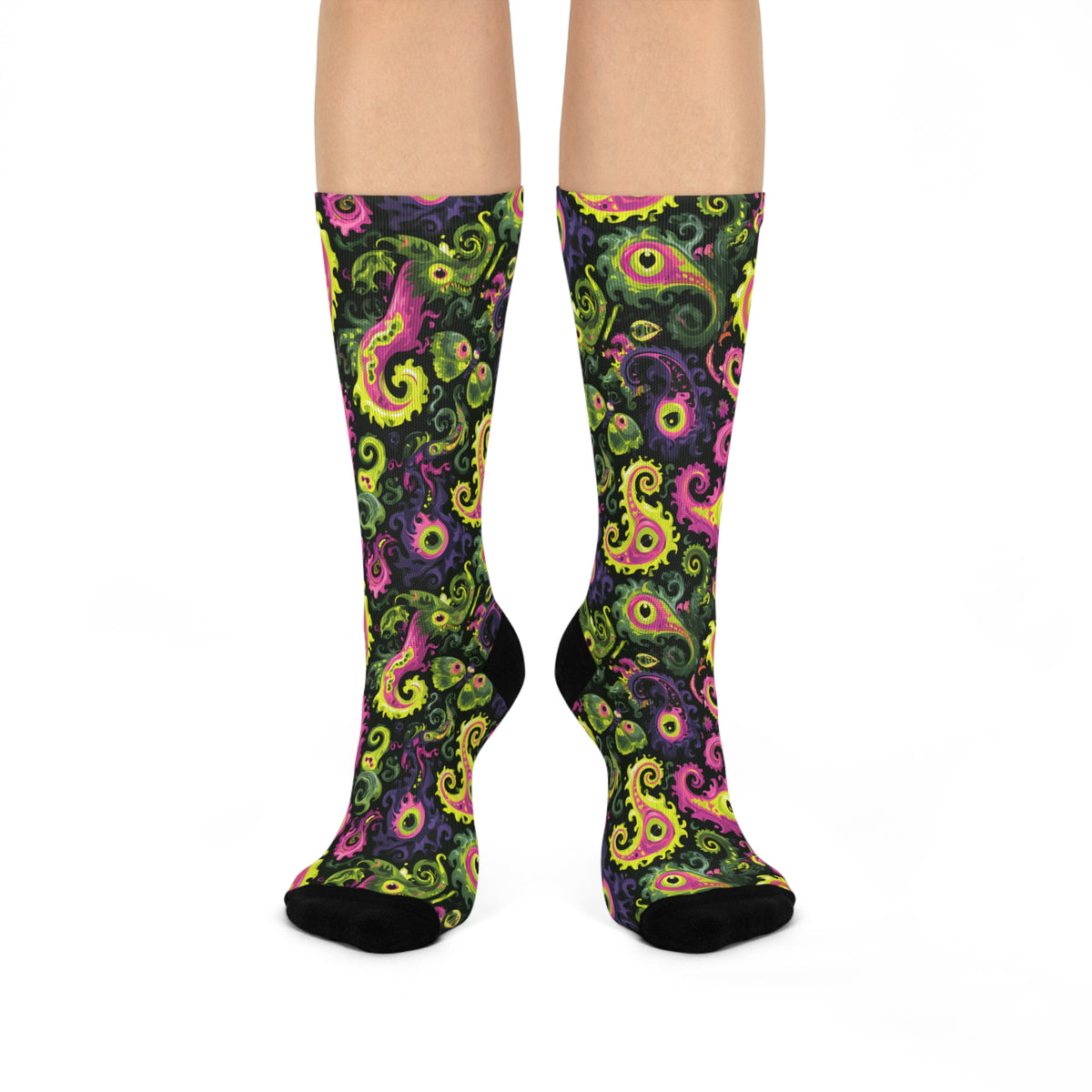 Neon Monster Paisley Crew Socks | Pink Green Psychedelic Eyes