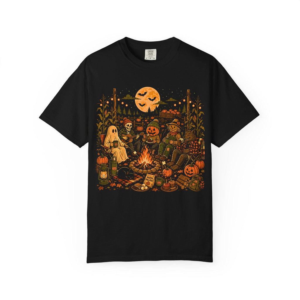 Halloween Campfire Scene T-shirt | Pumpkin, Ghosts, Scarecrow, Jack-O'-Lanterns