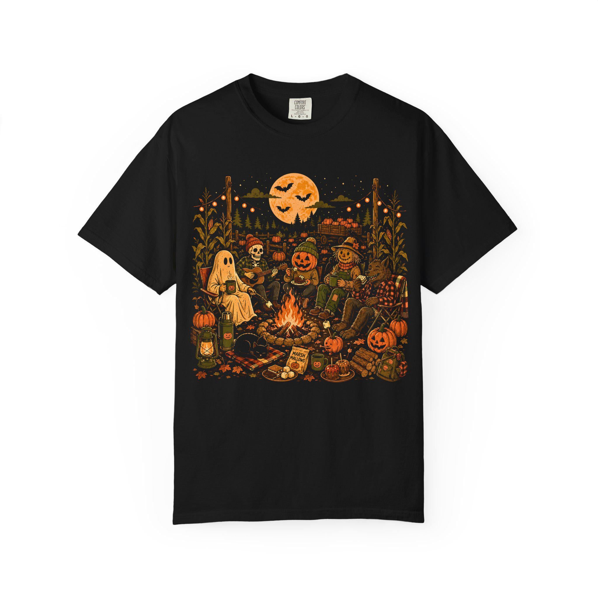 Halloween Campfire Scene T-shirt | Pumpkin, Ghosts, Scarecrow, Jack-O'-Lanterns