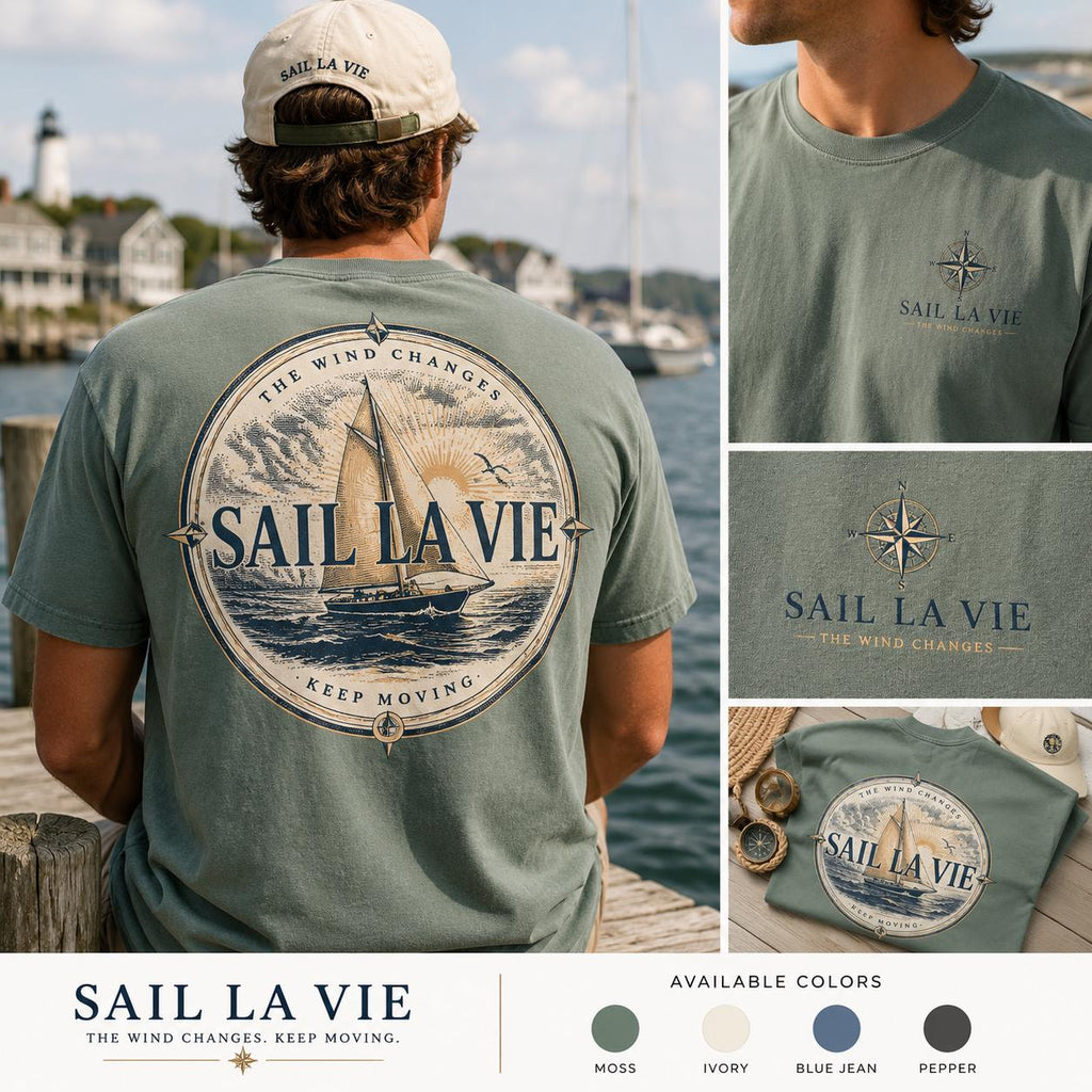 Sail La Vie Vintage Sailboat Tee, Coastal Nautical Compass Shirt