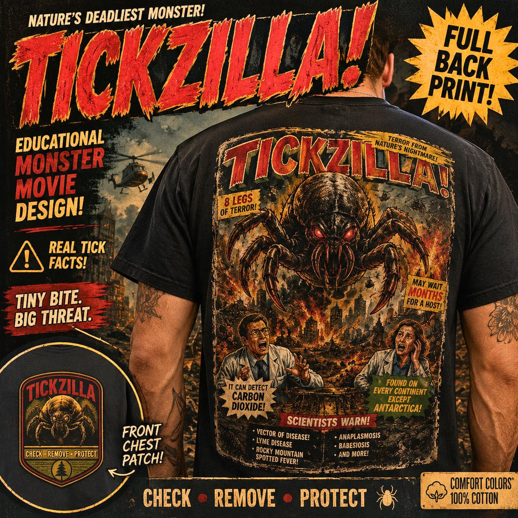 Tickzilla Monster Shirt, Retro Horror Movie Back Print, Lyme Disease Awareness Tee