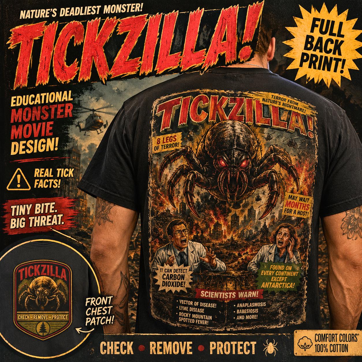 Tickzilla Monster Shirt, Retro Horror Movie Back Print, Lyme Disease Awareness Tee