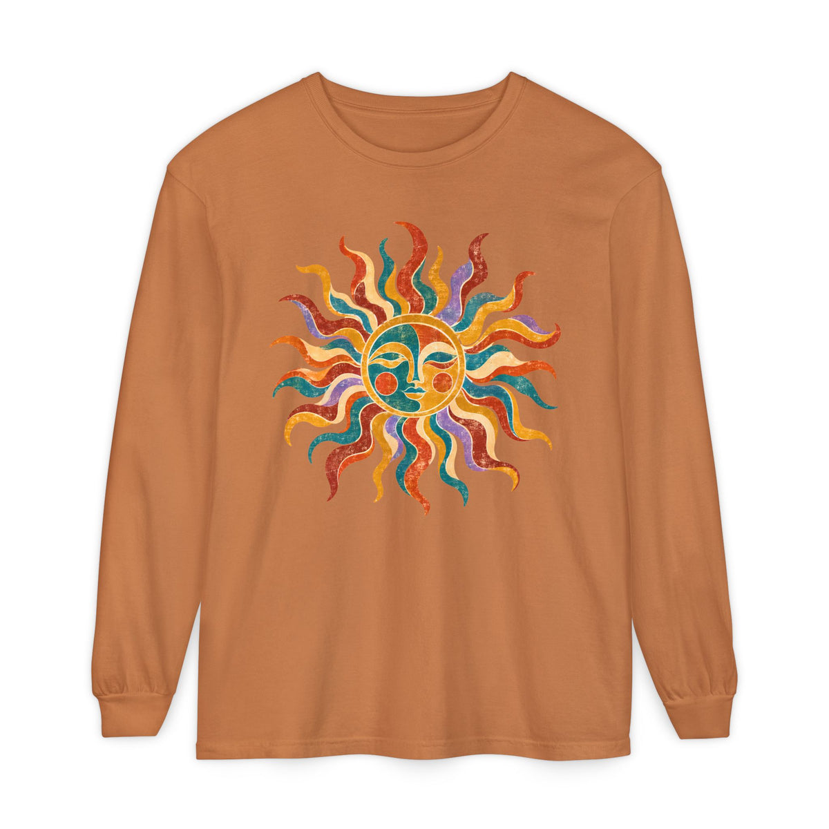 Retro Sun Long Sleeve Shirt, Folk Art Celestial Tee, Vintage Sun Face Shirt, Boho Graphic Long Sleeve