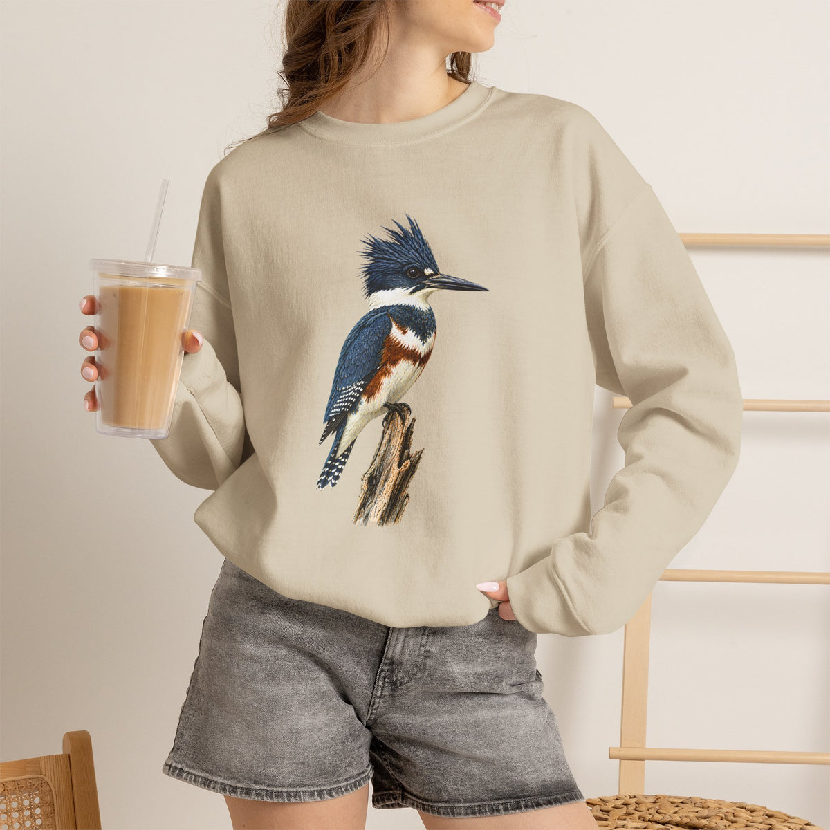 Belted Kingfisher Illustration Sweatshirt | Vintage Bird Art, Nature Lover