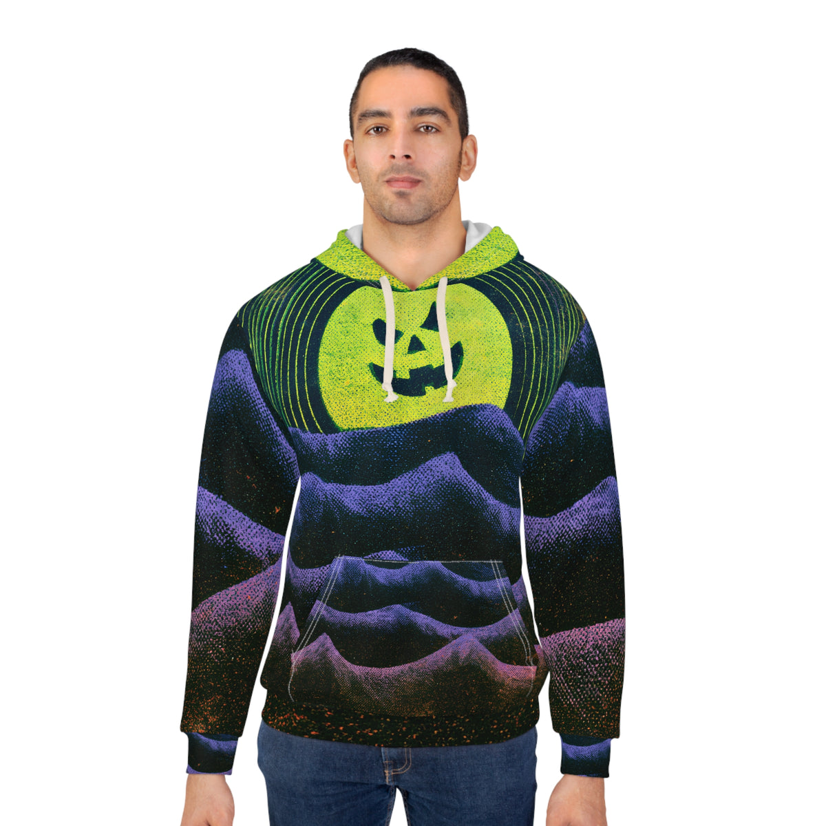 Halloween AOP Hoodie, Jack O Lantern Moon Hoodie, Purple Ocean Wave Sweatshirt, Spooky All Over Print Hoodie, Unisex Halloween Pullover