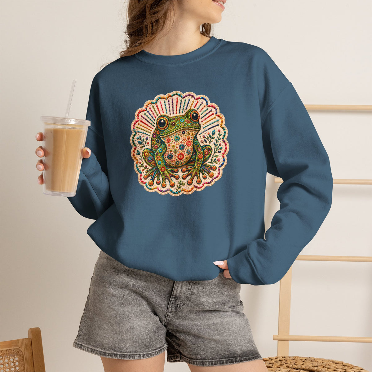 Colorful Folk Art Frog sweatshirt | Retro Floral Amphibian