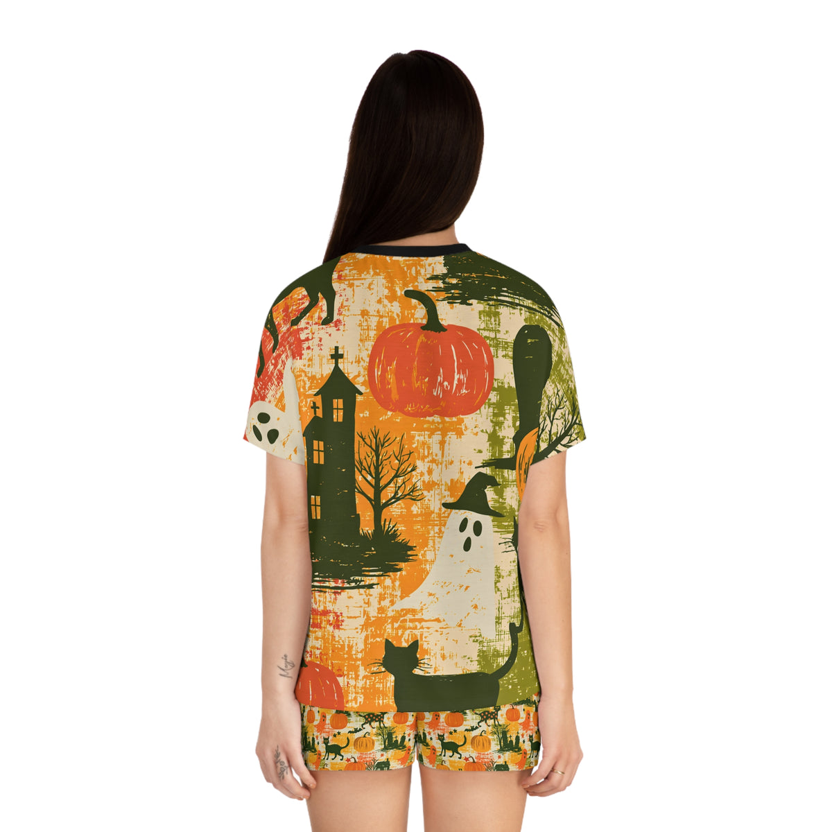 Halloween Pajama Set for Women | Vintage Ghost Pumpkin Cat PJs | Spooky Sleepover Shorts Set | Halloween Slumber Party