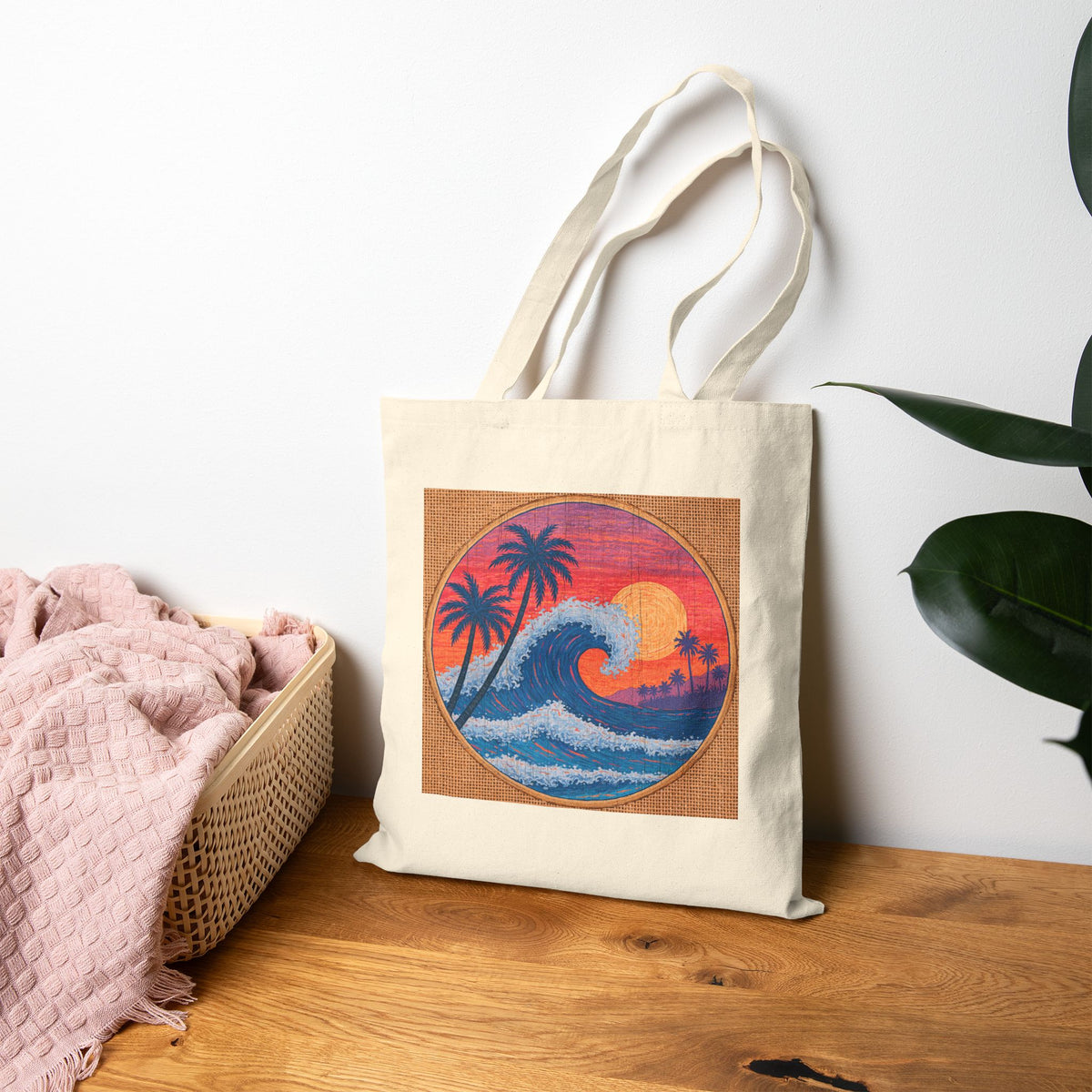 Coastal Sunset Wave Canvas Tote Bag, Tropical Beach Art Market Bag