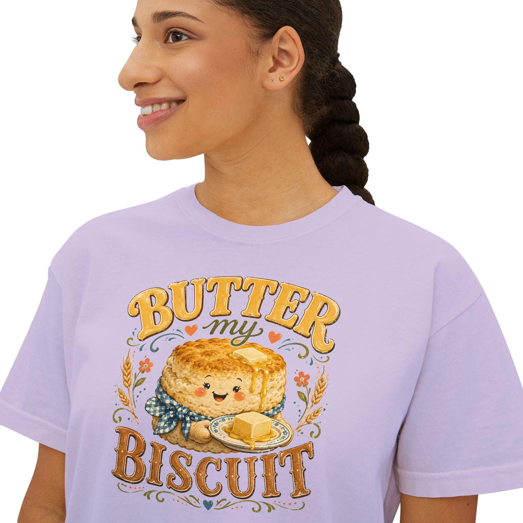 Butter My Biscuit Tee | Retro Smiling Biscuit Character Boxy Top