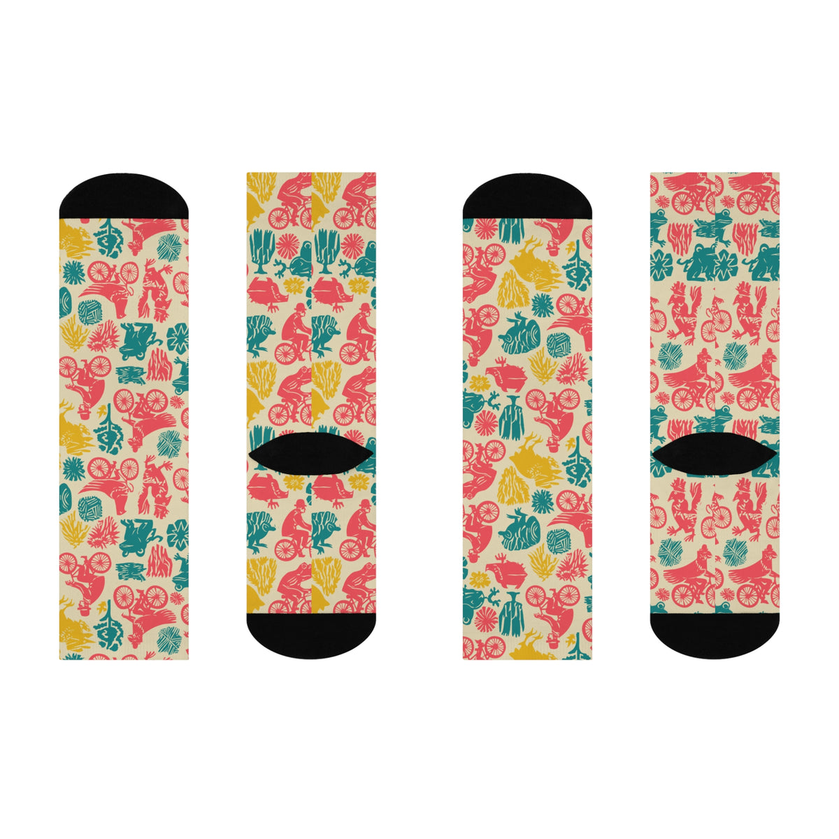 Birds on Bicycles Crew Socks | Retro Roosters & Frogs Print