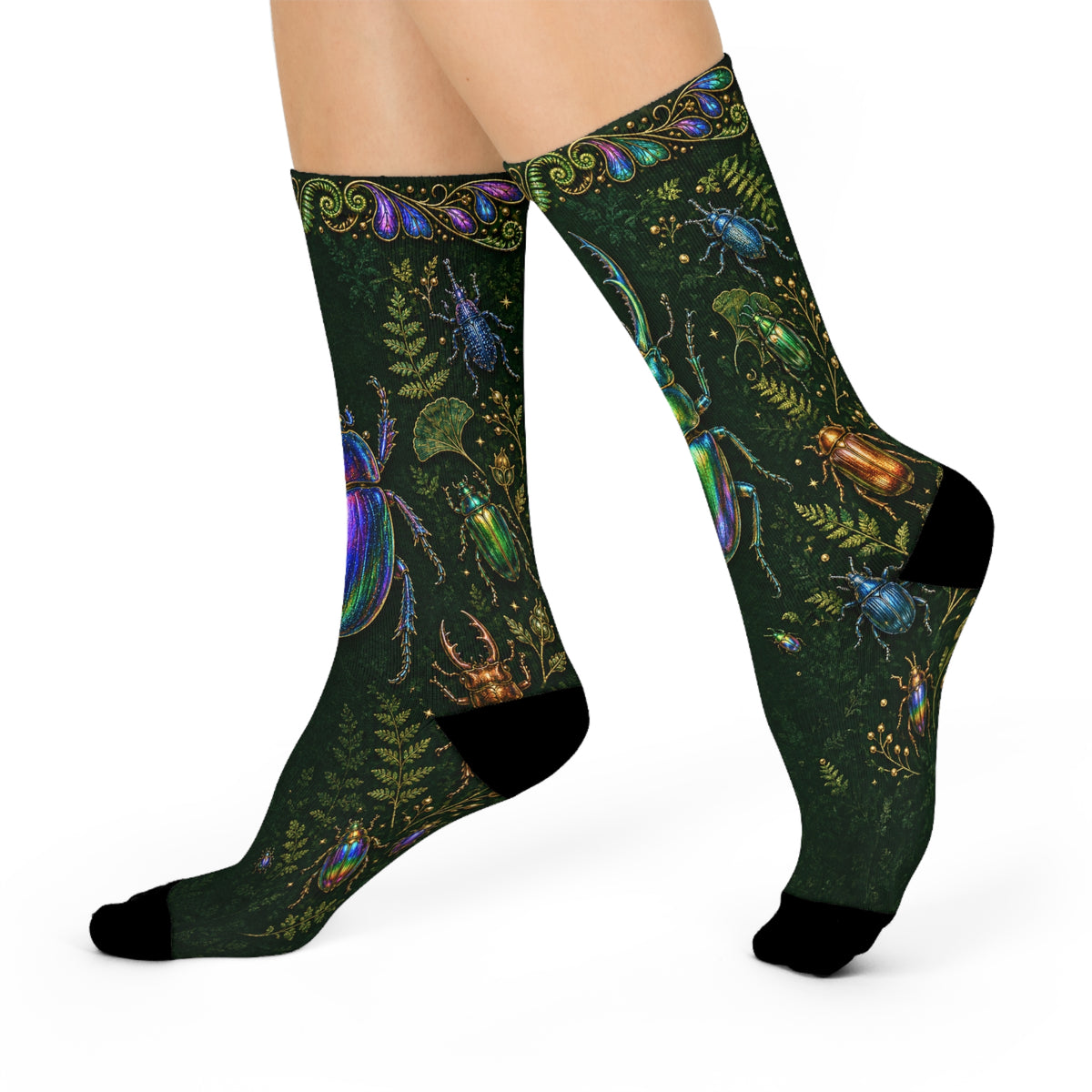 Iridescent Beetles Cushioned Crew Socks | Bug Pattern, Dark Green