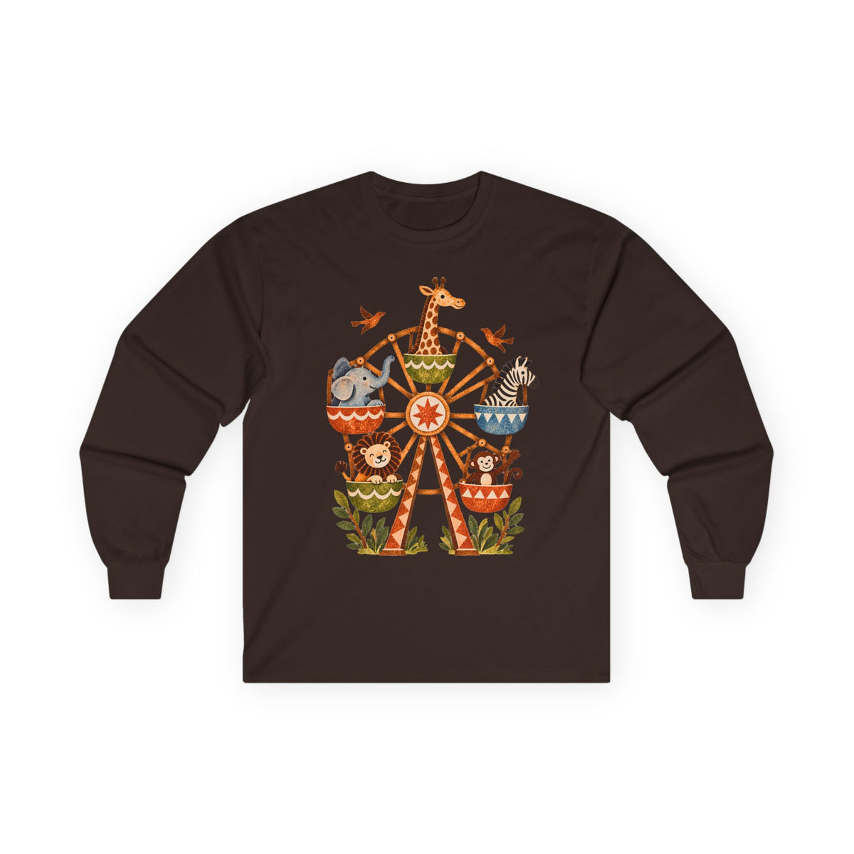 Vintage Safari Ferris Wheel Long Sleeve Shirt, Whimsical Zoo Animal Tee, Retro Storybook Graphic, Unisex Animal Lover Gift