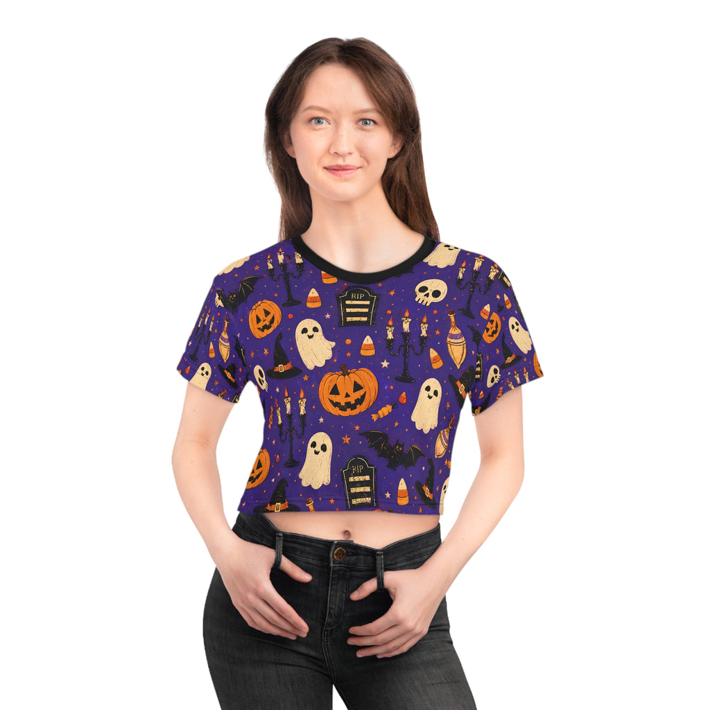 Halloween Ghost Pumpkin Pattern Crop Tee | All-Over Print