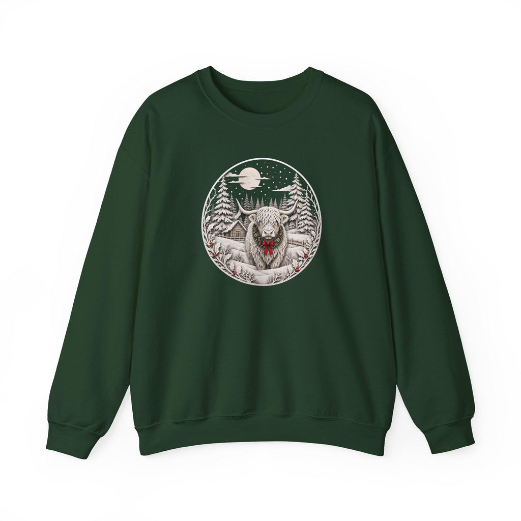 Winter Highland Cow Crewneck Sweatshirt, Rustic Christmas Scene, Cozy Farmhouse Style
