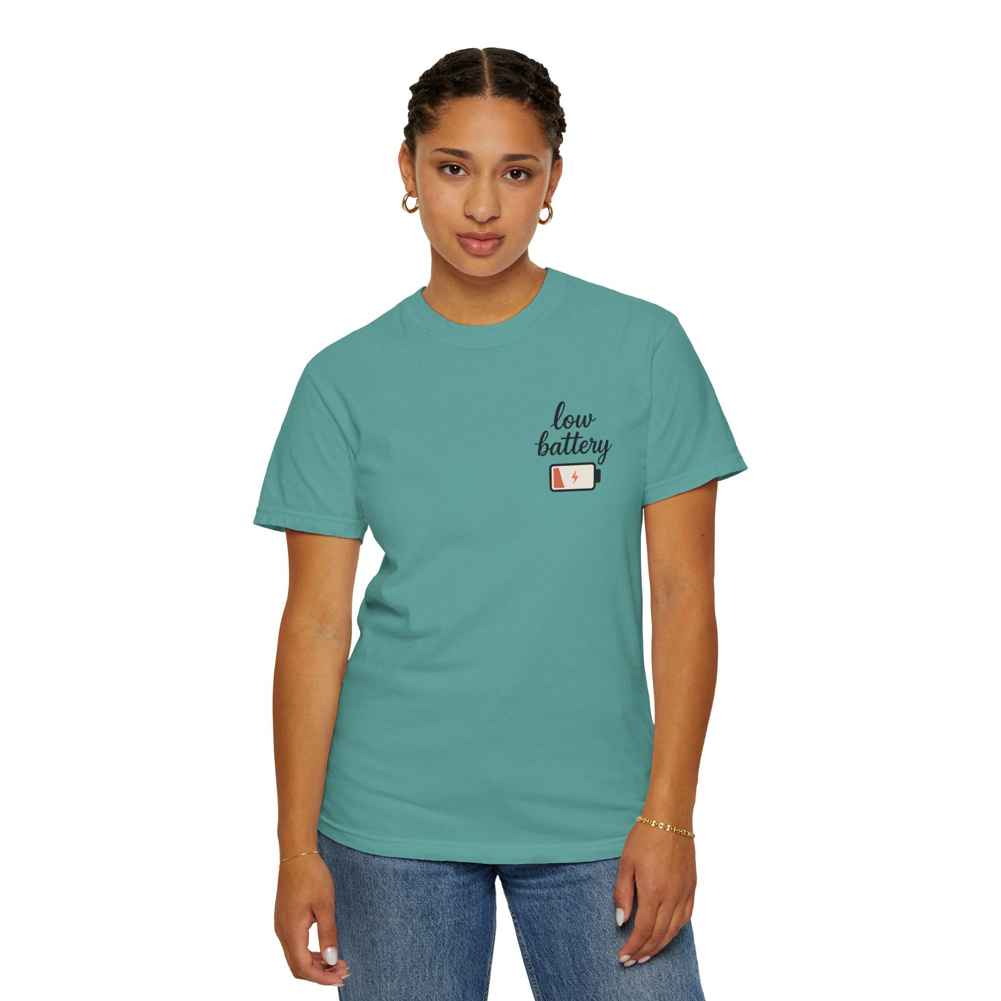 Low Battery Moms Club, Funny Tired Mom Tee, Motherhood Humor, Coffee Prayers Back Print