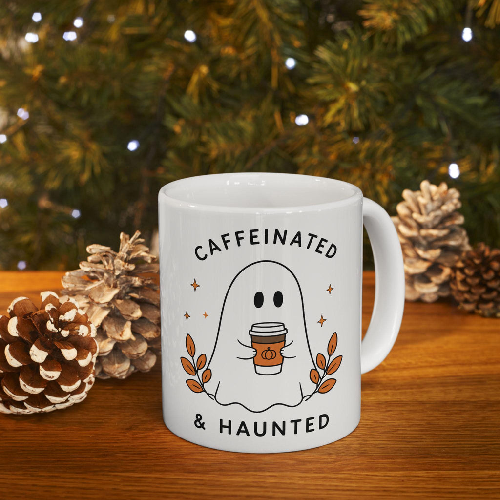 Caffeinated & Haunted Ghost Illustration Mug | Ceramic Coffee Cup