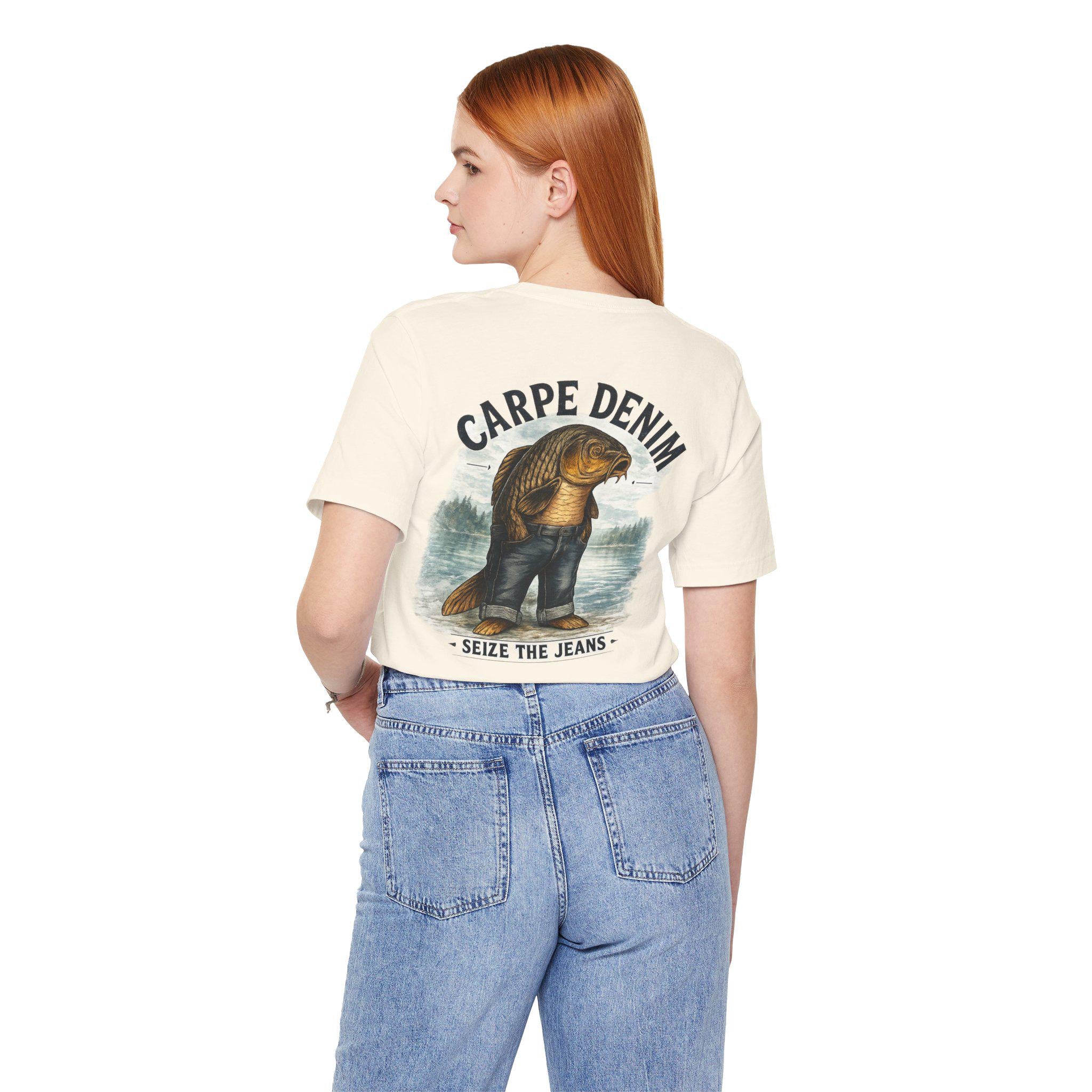 Carpe Denim Fish Graphic Tee, Funny Fishing Pun Shirt, Lake Life Apparel