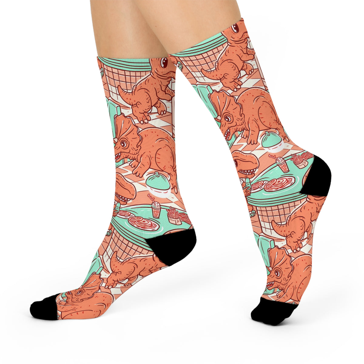 Retro Dinosaur Diner Crew Socks | Mint Coral Vintage Print