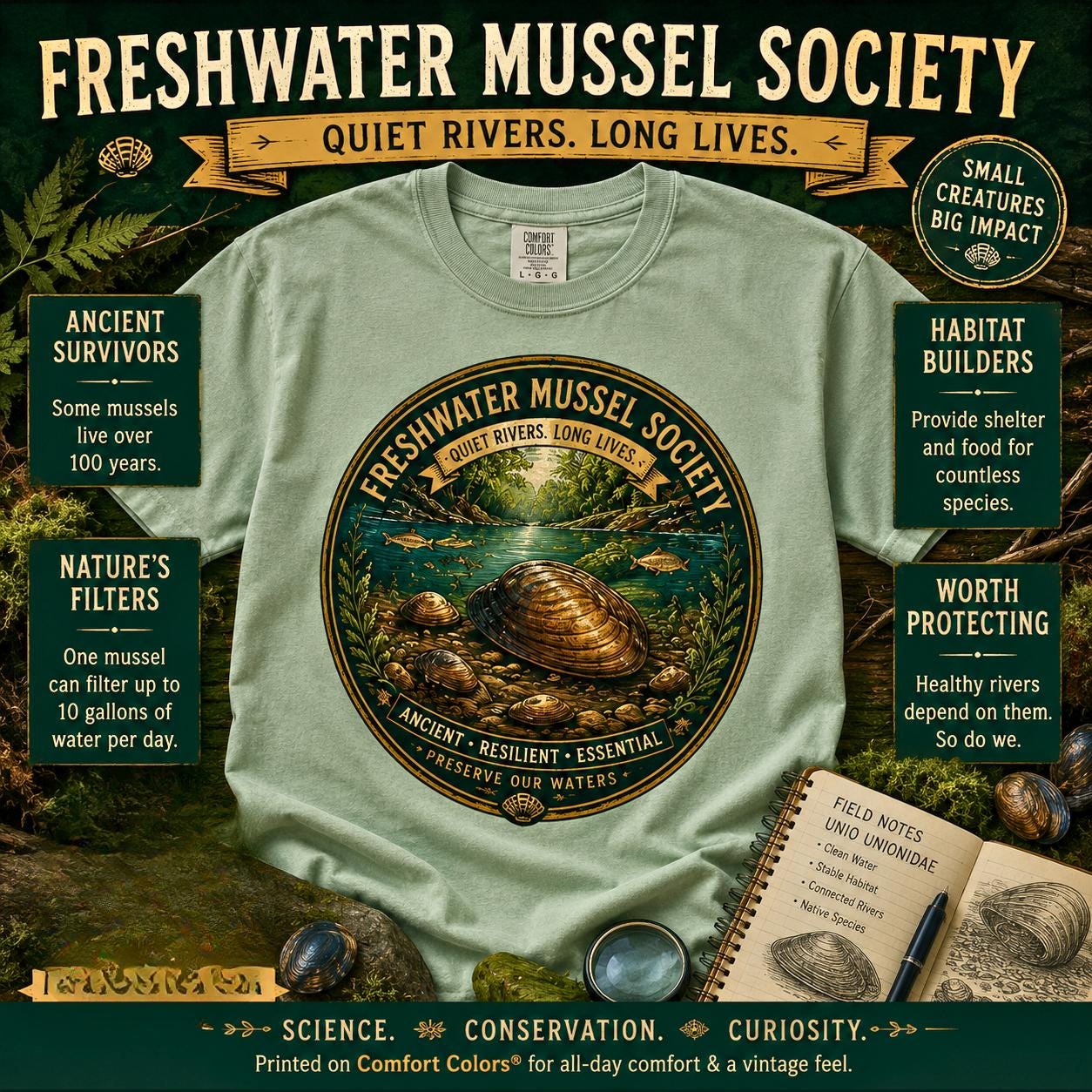 Freshwater Mussel Society Tee, River Conservation, Marine Biology, Comfort Colors Nature Shirt