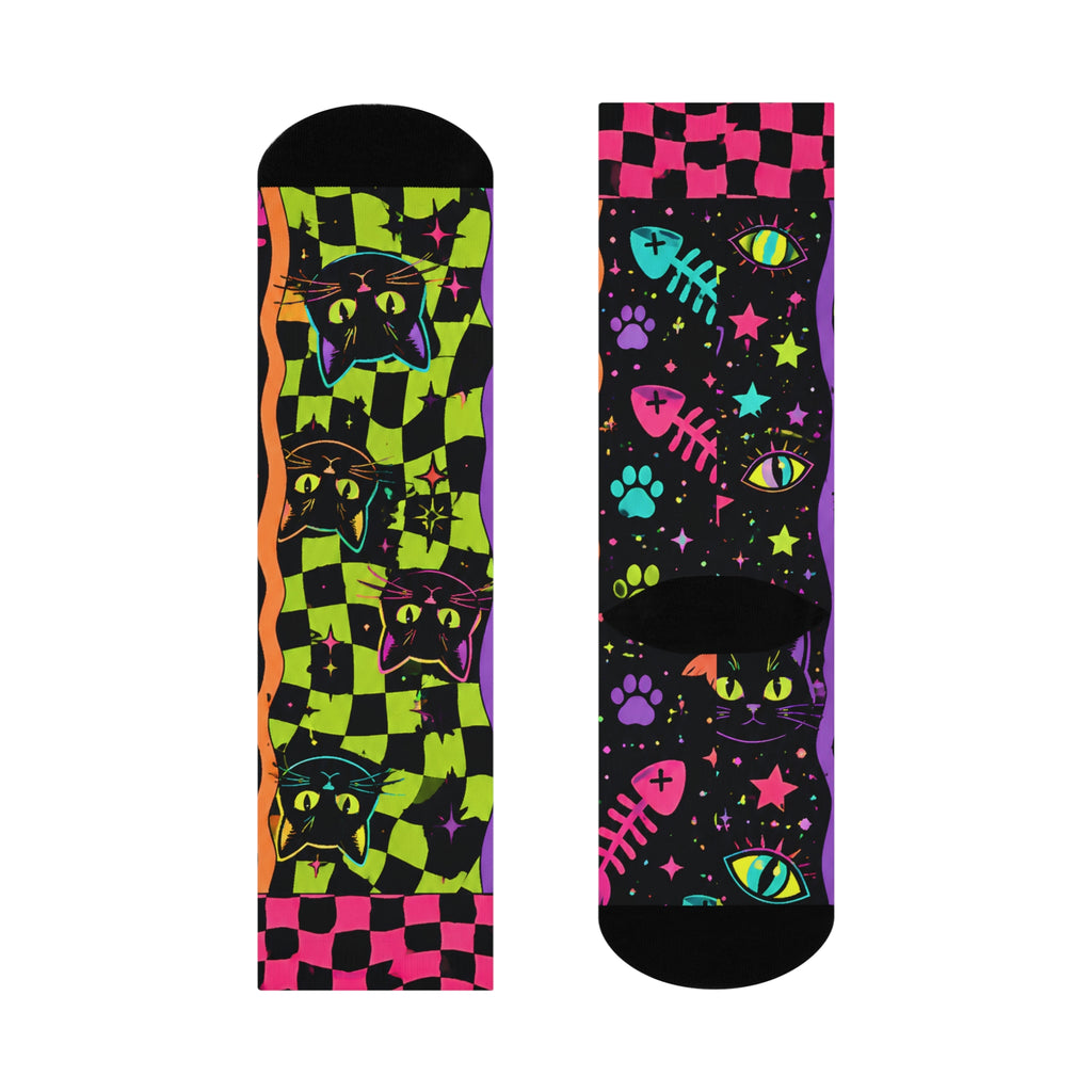 Neon Checkerboard Black Cat Crew Socks | Colorful Cat Pattern