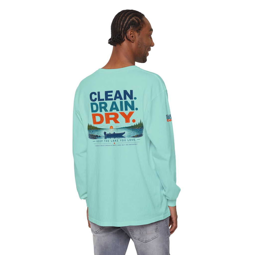 Long Sleeve Tee — "Clean. Drain. Dry." Lake Conservation Shirt