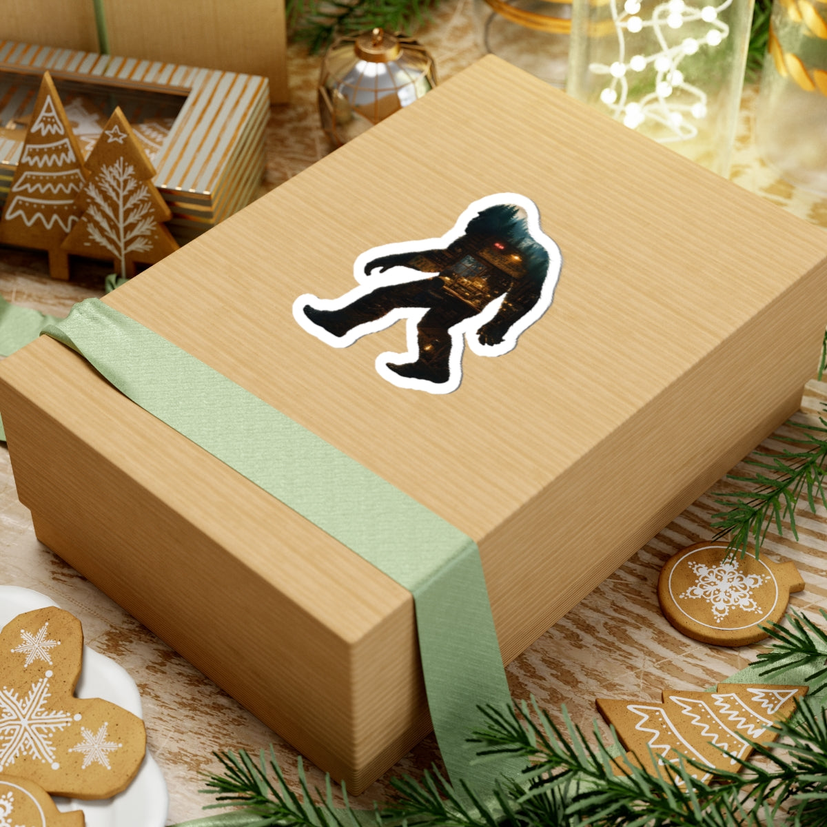 Bigfoot Silhouette Cabin Scene Sticker | Kiss-Cut Sticker