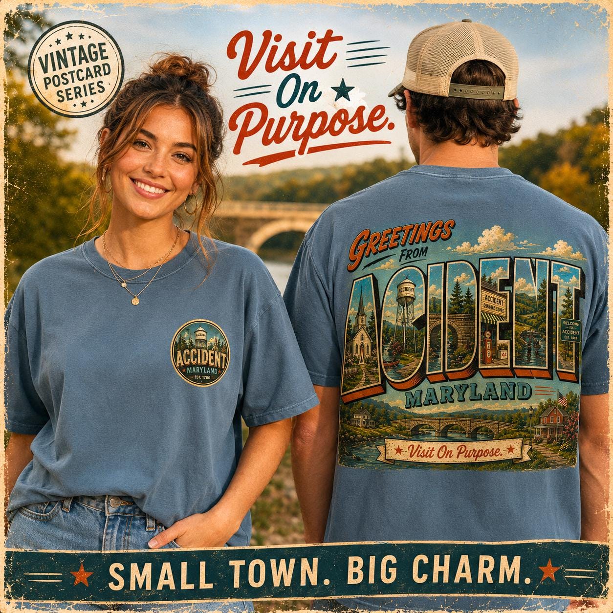 Greetings From Accident Maryland Postcard Graphic Tee, Vintage Small Town Souvenir Shirt