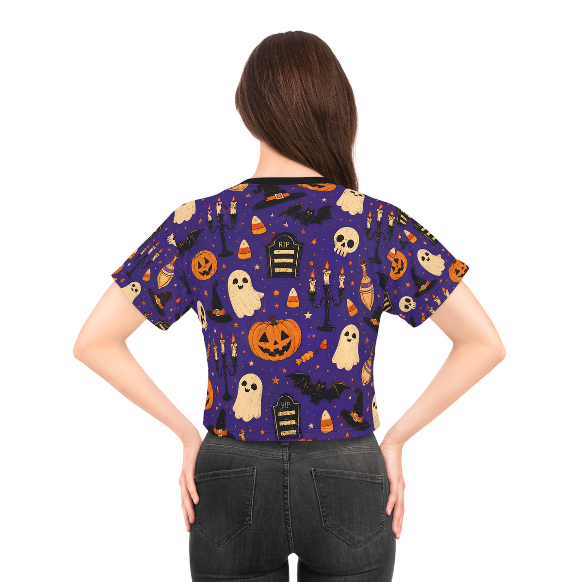 Halloween Ghost Pumpkin Pattern Crop Tee | All-Over Print