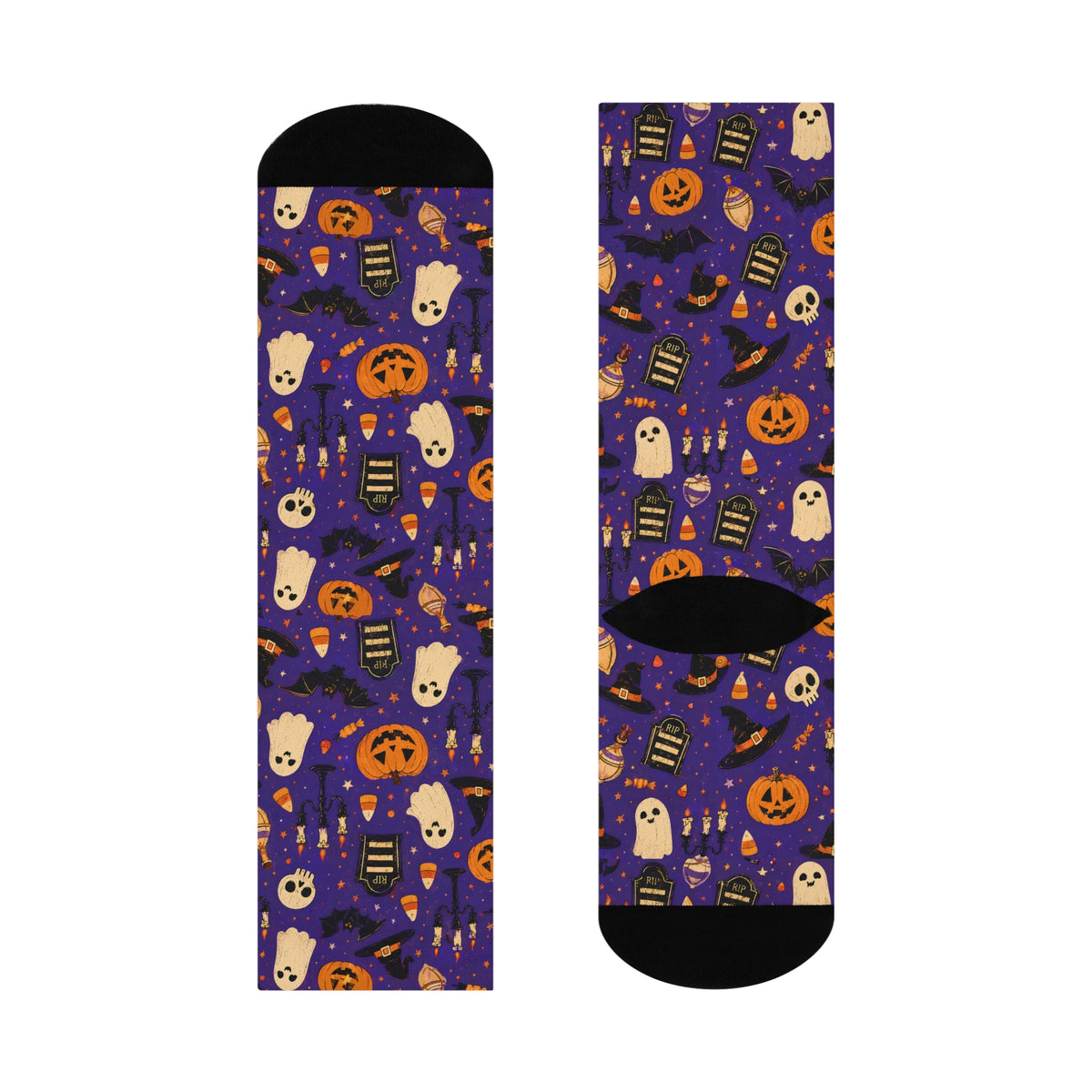Halloween pattern Ghosts Pumpkins Candy Crew Socks | Purple spooky novelty