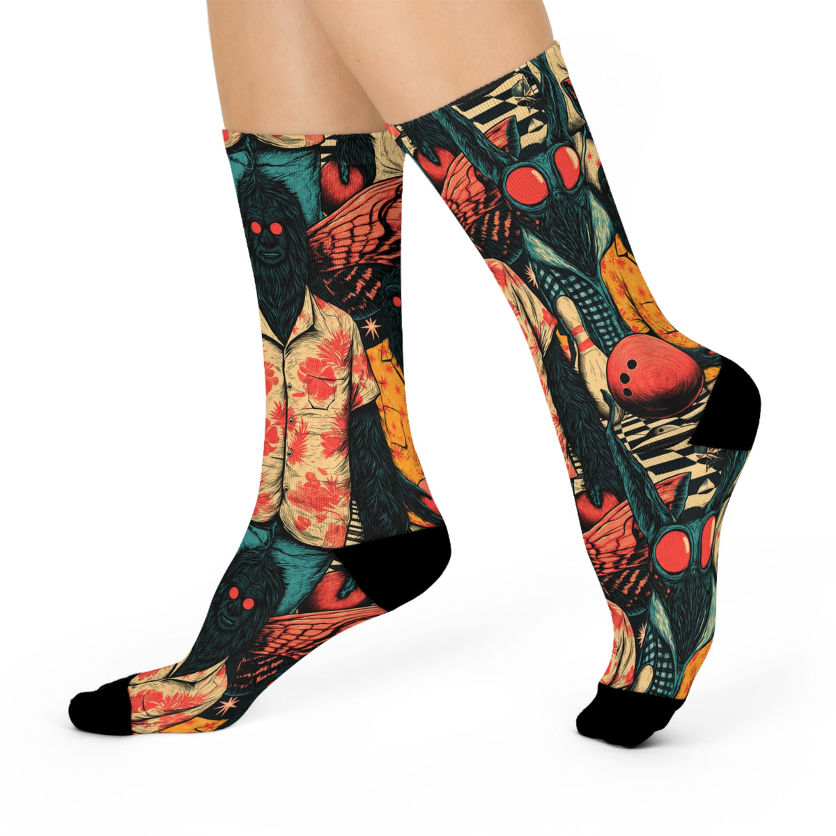 Cryptid Bowling Crew Socks | Mothman Bigfoot Retro Print
