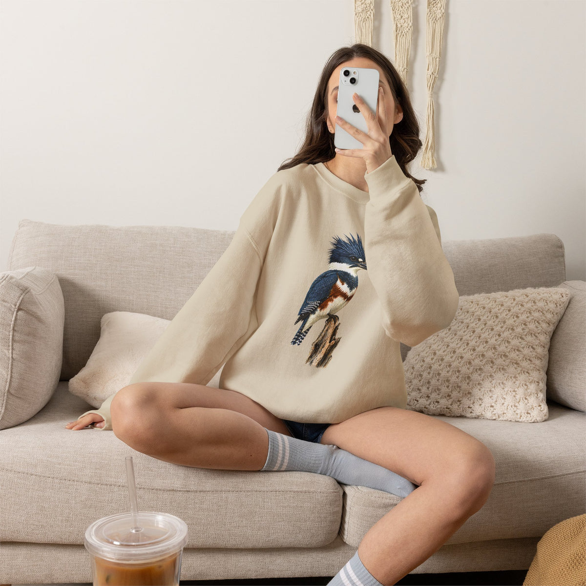 Belted Kingfisher Illustration Sweatshirt | Vintage Bird Art, Nature Lover