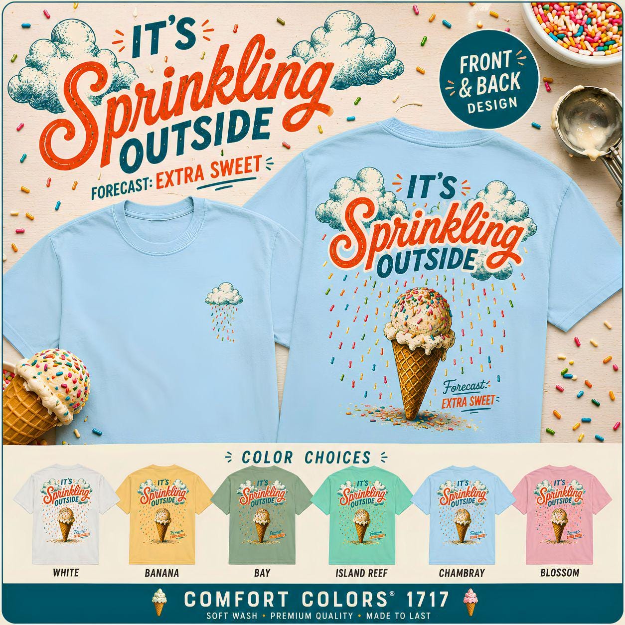 Its Sprinkling Outside ice cream cone T-Shirt | retro dessert illustration