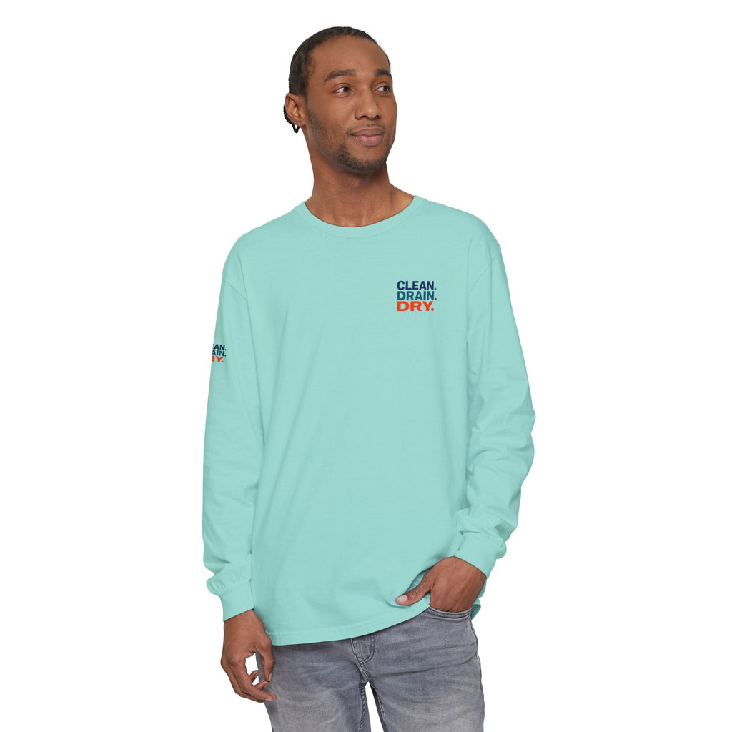 Long Sleeve Tee — "Clean. Drain. Dry." Lake Conservation Shirt