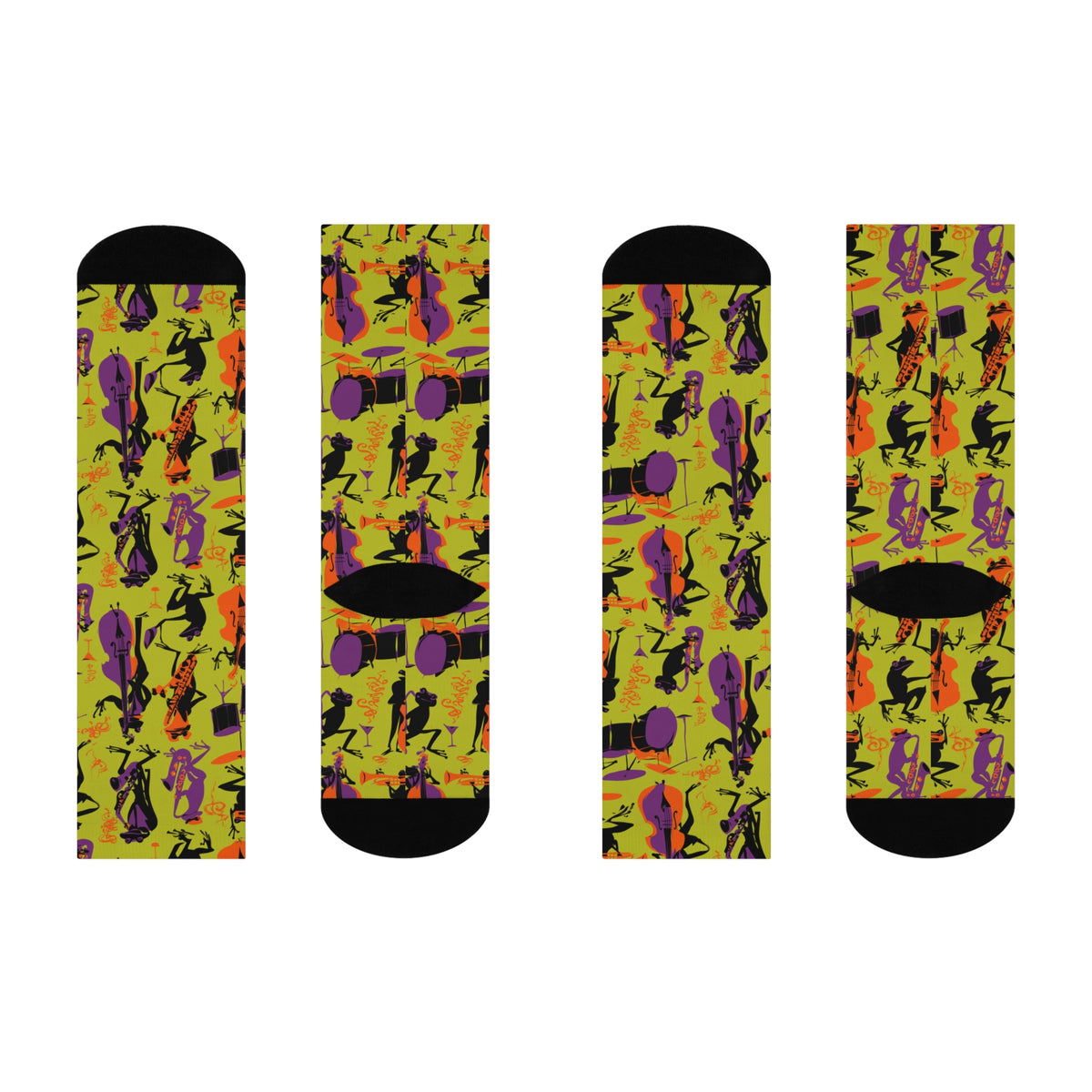 Jazz Frog Crew Socks | Purple Saxophone Band Retro Print
