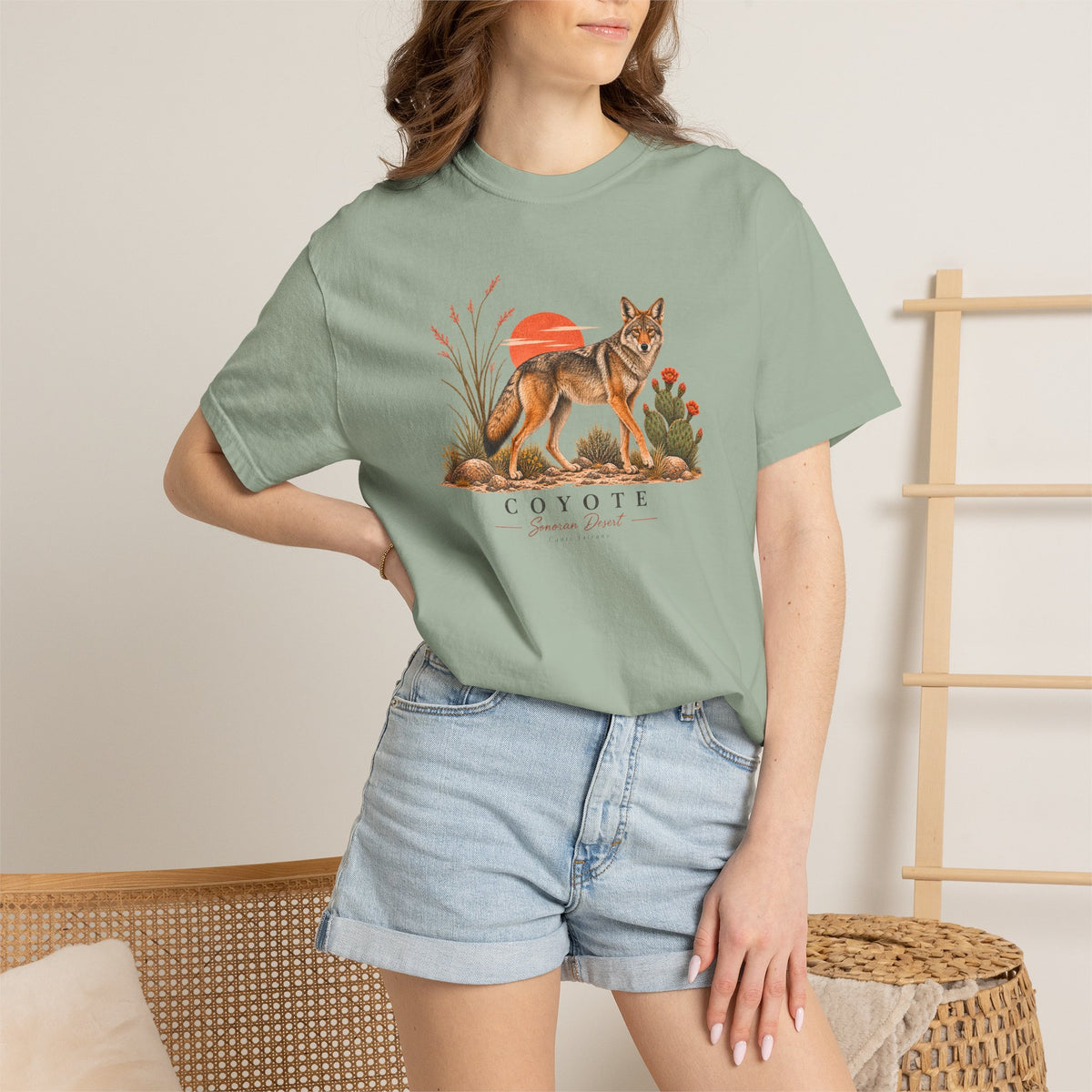 Coyote Sunset Illustration T-Shirt | Desert Plants Wildlife Tee