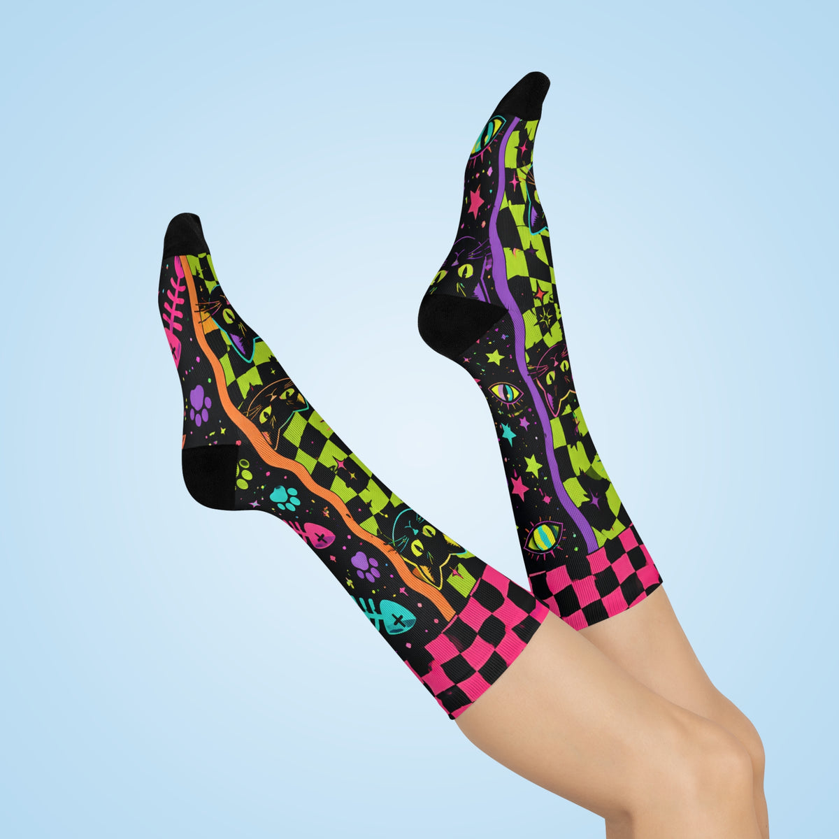 Neon Checkerboard Black Cat Crew Socks | Colorful Cat Pattern