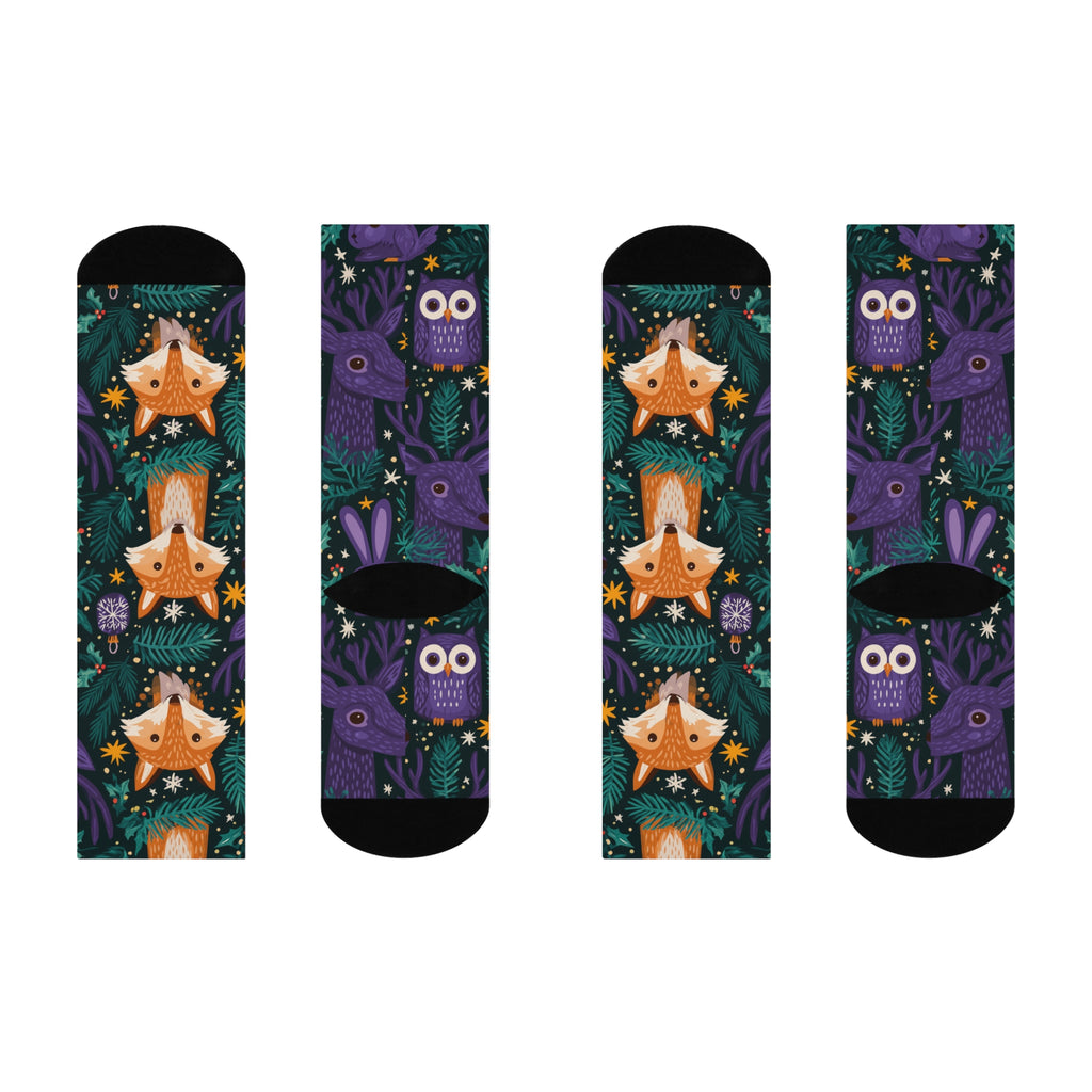 Woodland Animal Christmas Crew Socks | Fox Owl Reindeer Print