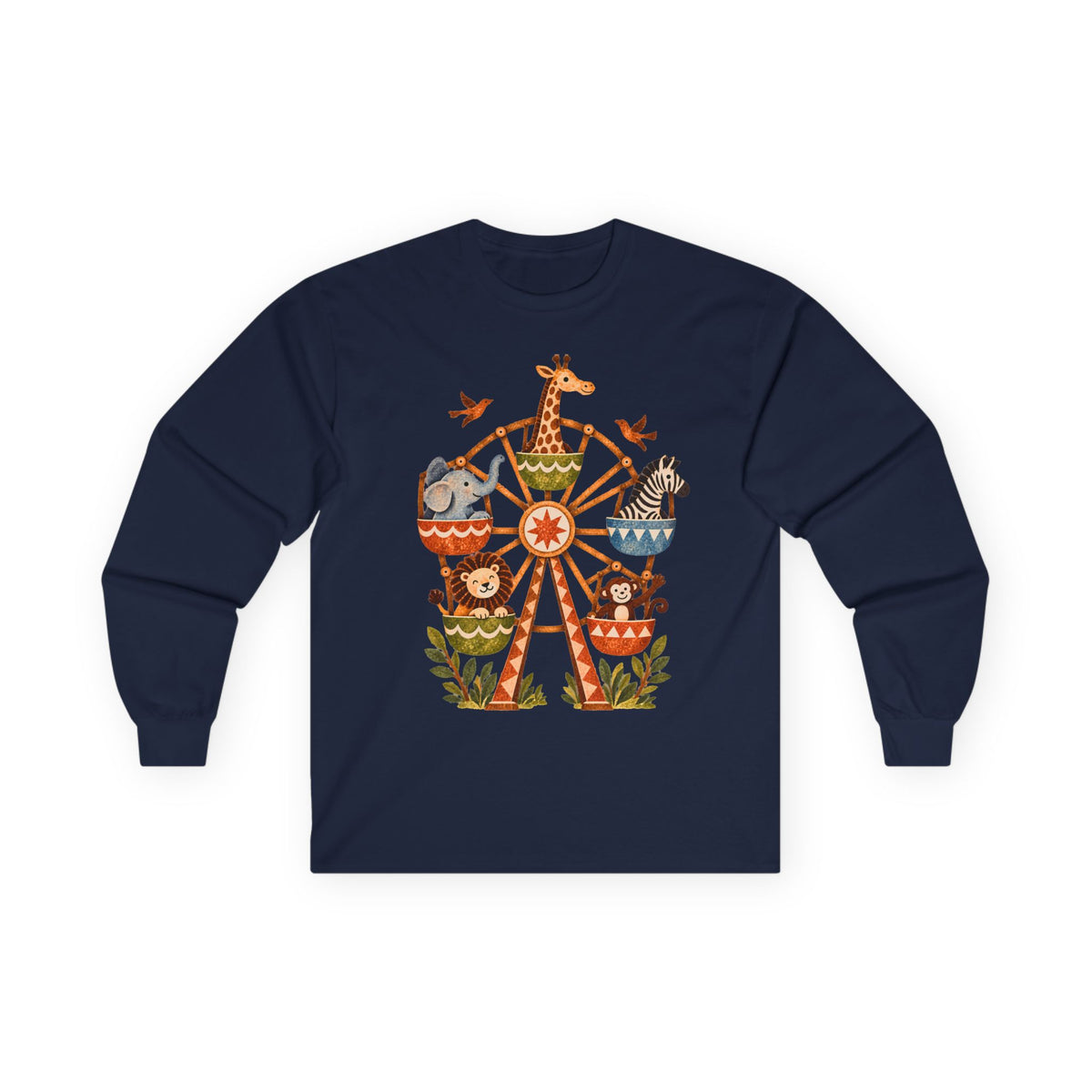 Vintage Safari Ferris Wheel Long Sleeve Shirt, Whimsical Zoo Animal Tee, Retro Storybook Graphic, Unisex Animal Lover Gift