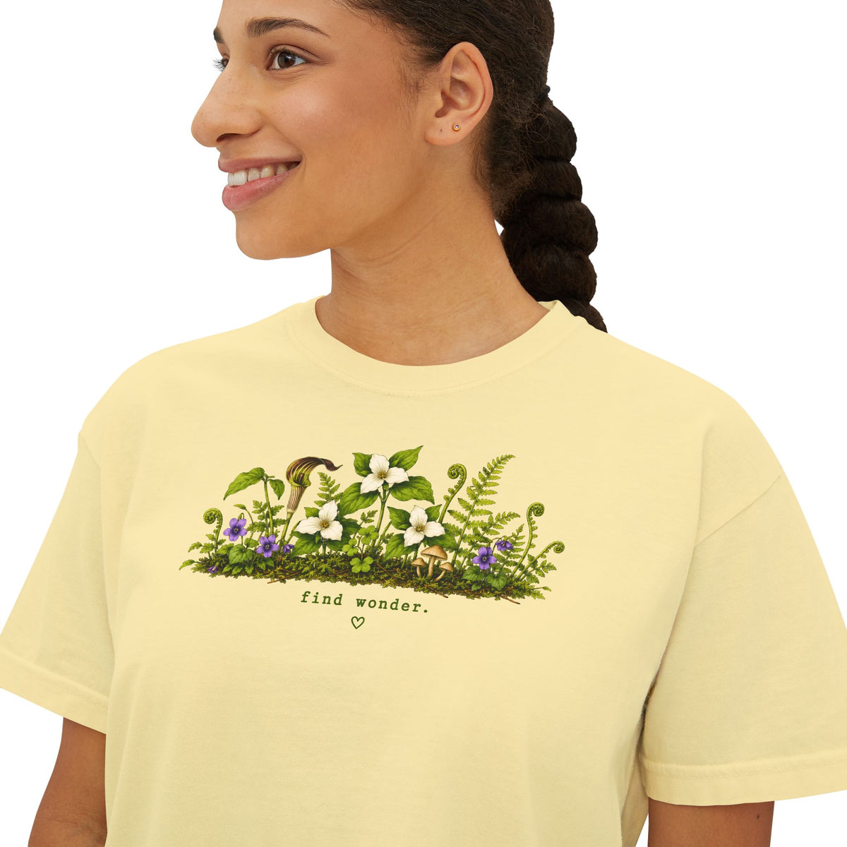 Find Wonder Boxy Tee | Woodland Wildflower Shirt | Cottagecore Mushroom Graphic Tee | Women's Relaxed Cropped Nature Shirt