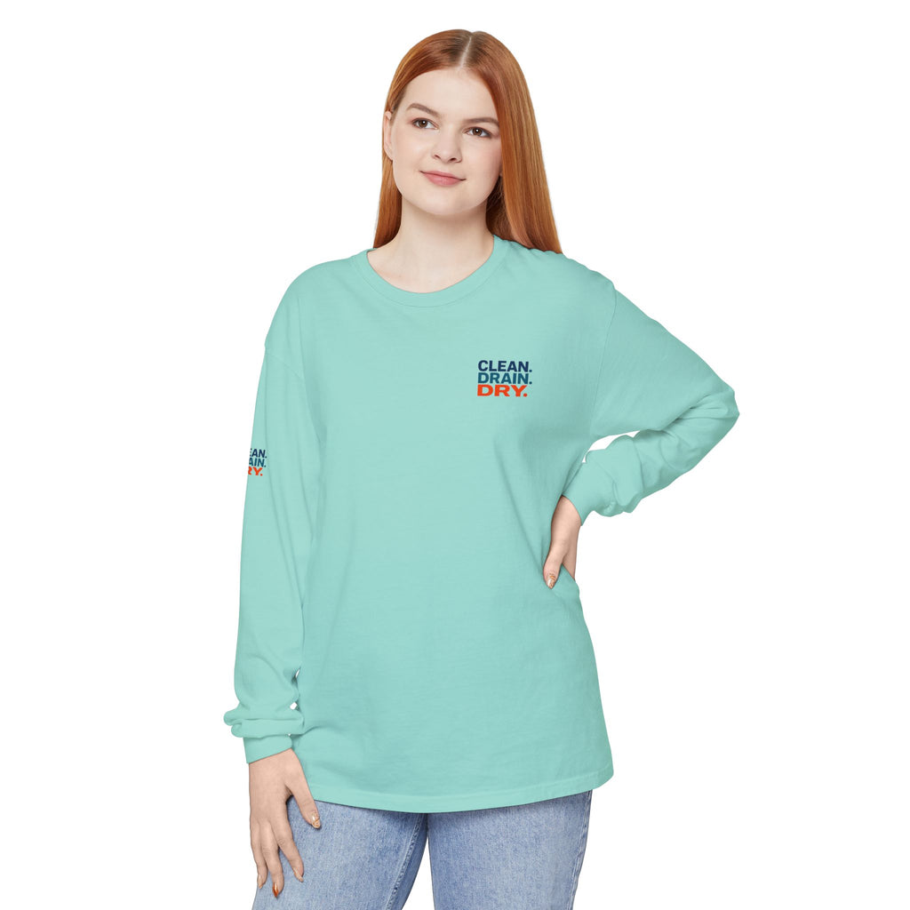Long Sleeve Tee — "Clean. Drain. Dry." Lake Conservation Shirt