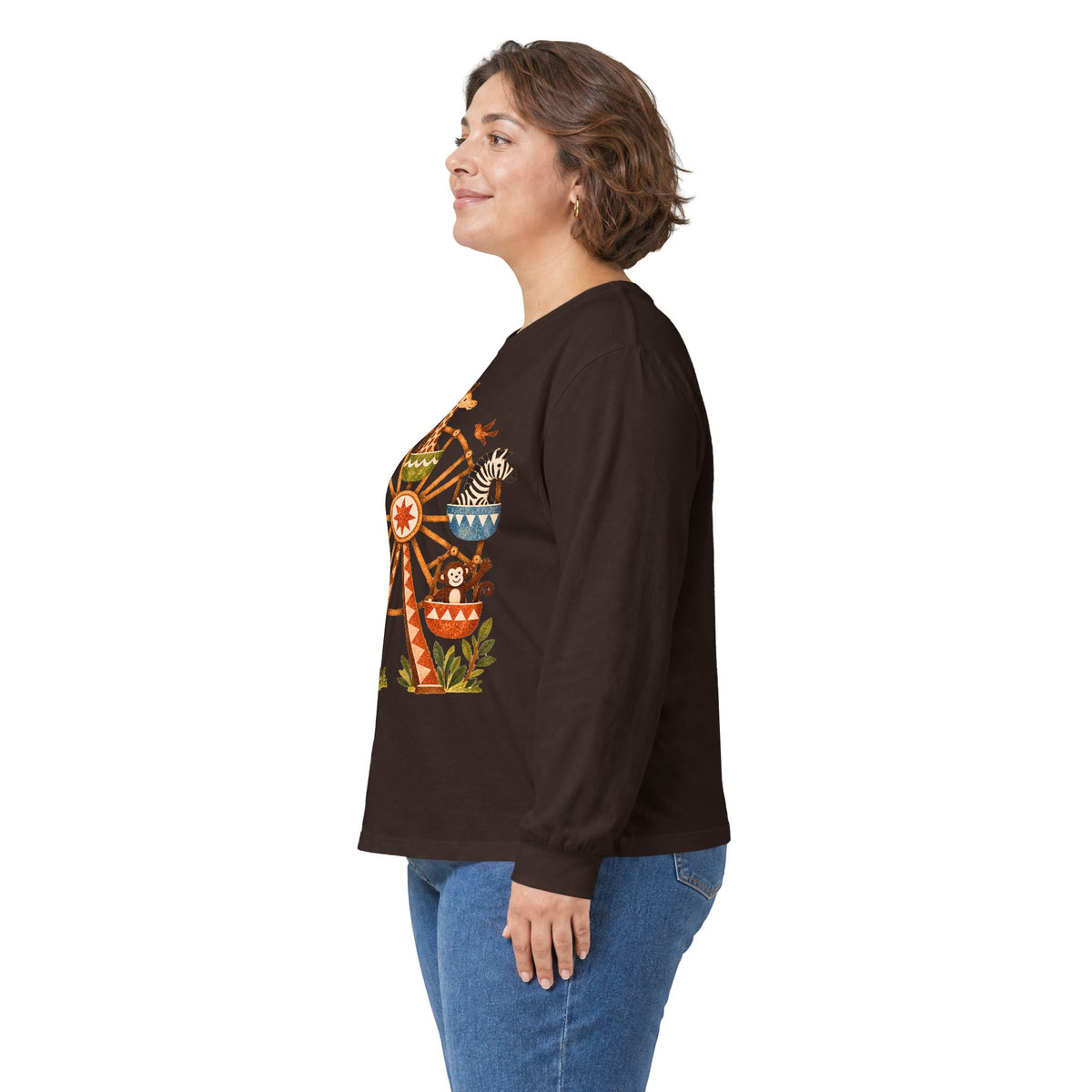 Vintage Safari Ferris Wheel Long Sleeve Shirt, Whimsical Zoo Animal Tee, Retro Storybook Graphic, Unisex Animal Lover Gift