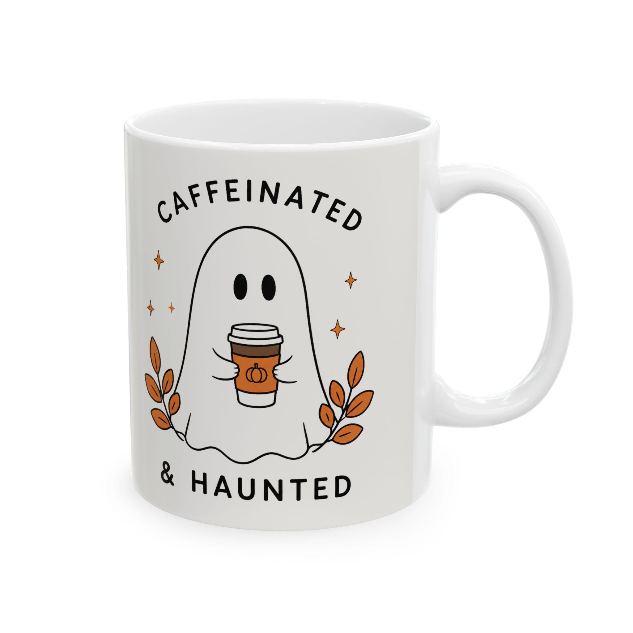 Caffeinated & Haunted Ghost Illustration Mug | Ceramic Coffee Cup