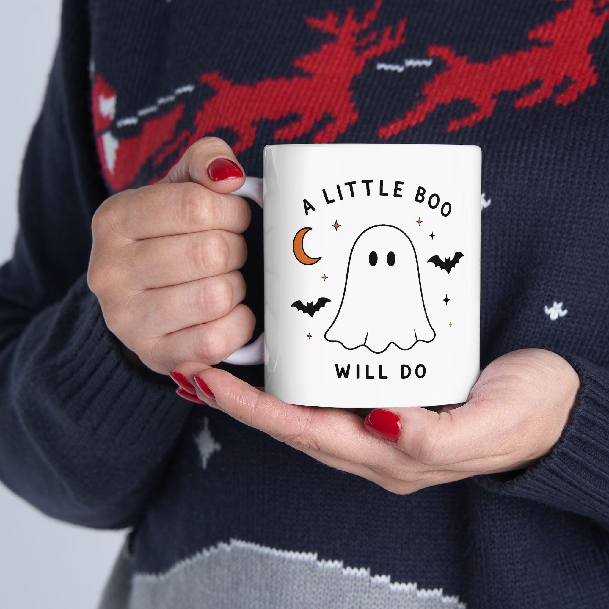 Ghost Halloween Ceramic Mug | Minimalist Spooky Bat Moon Design