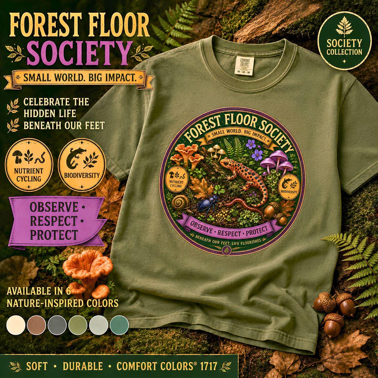 Forest Floor Society T-Shirt | Woodland Mushroom Moss Graphic Tee | Nature Lover Gift