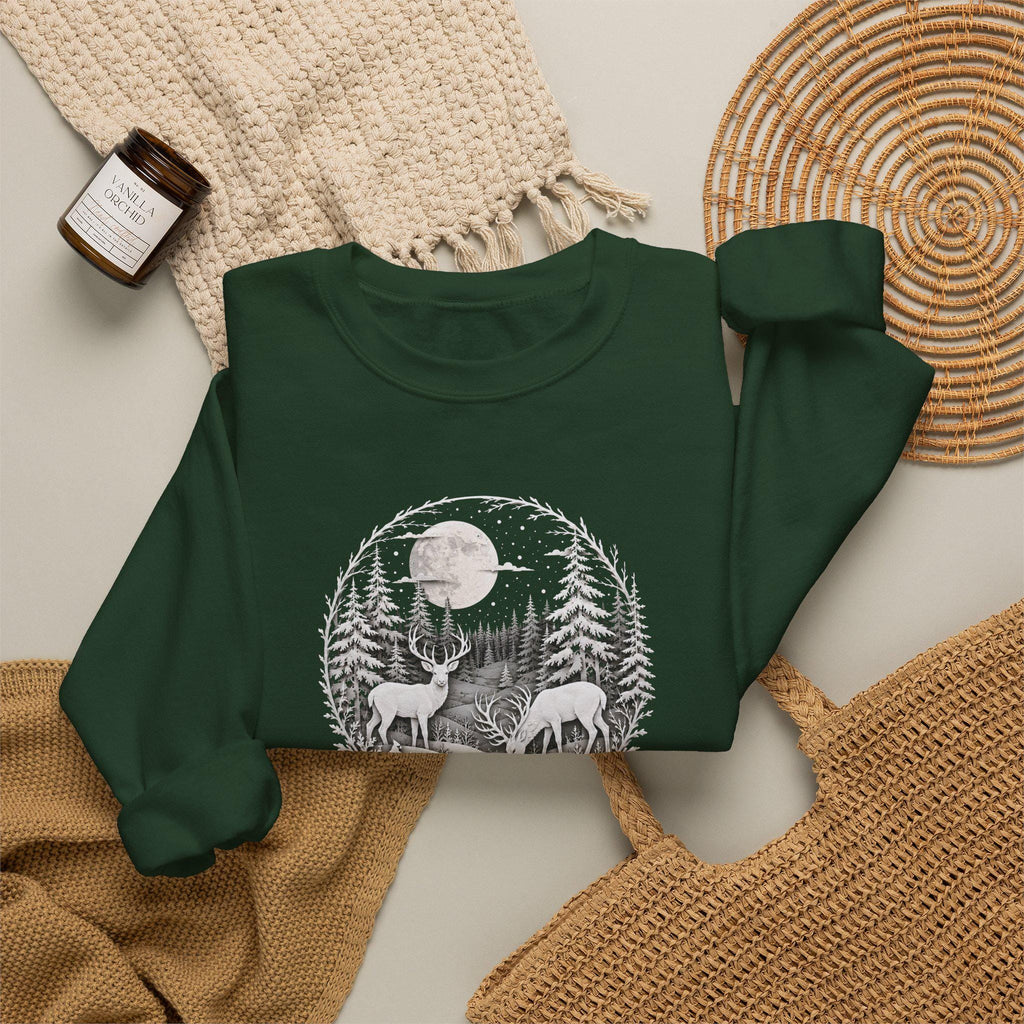 Moonlit Forest Deer Sweatshirt, Woodland Nature Crewneck, Winter Wildlife Apparel