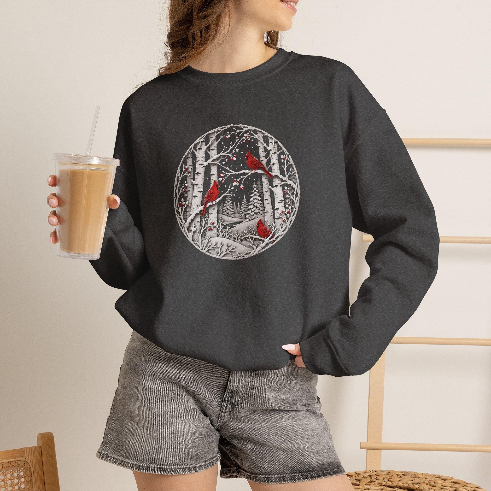 Winter Cardinal Birch Tree Sweatshirt, Snowy Nature Crewneck, Cozy Bird Apparel
