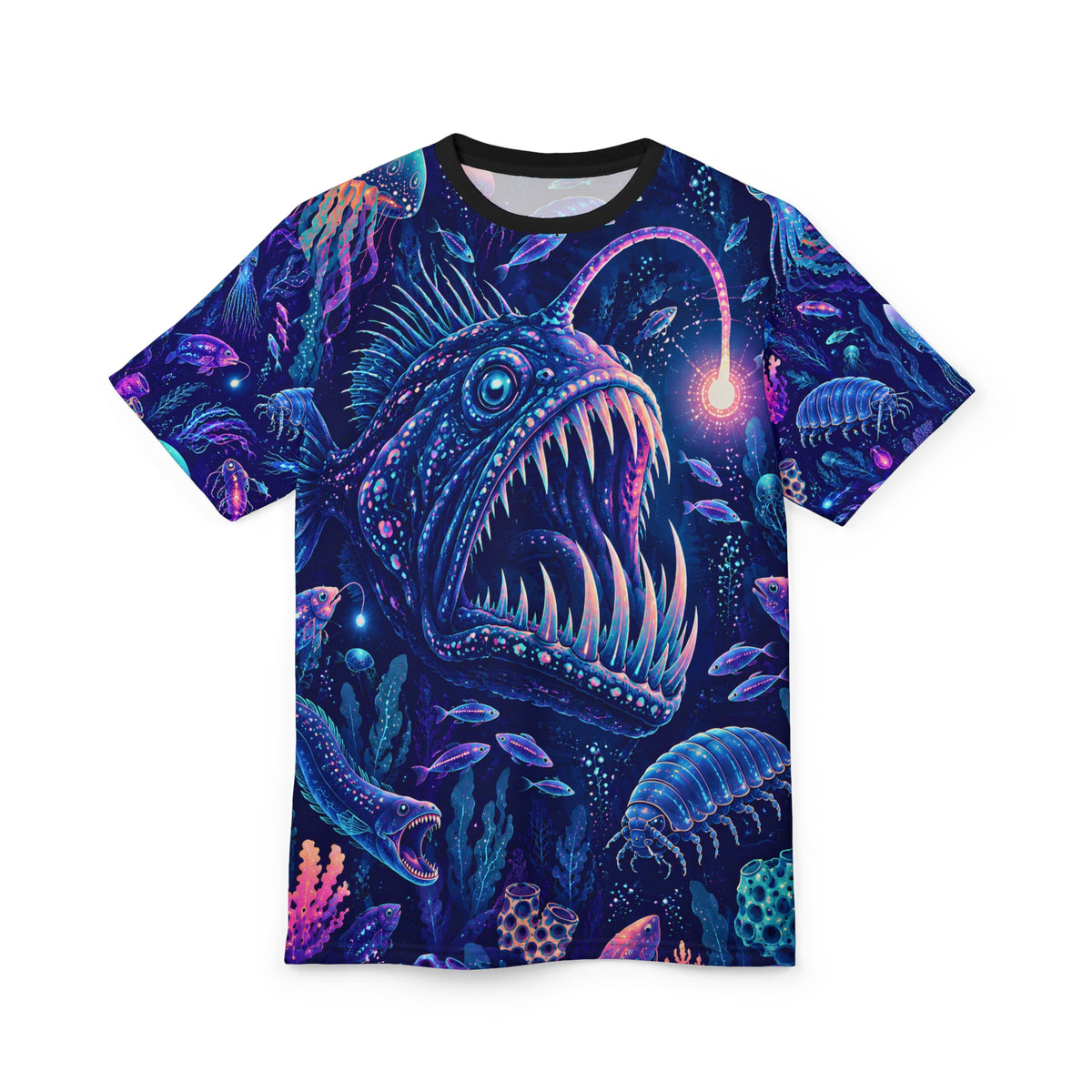 The Deep End Anglerfish Shirt | Bioluminescent Deep Sea Creatures | All Over Print Ocean Horror Tee | Weird Marine Life Gift