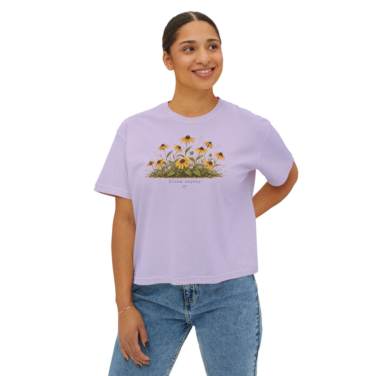 Bloom Anyway Boxy Tee | Black-Eyed Susan Wildflower Shirt | Cottagecore Floral Graphic Tee | Women's Relaxed Cropped Nature Shirt